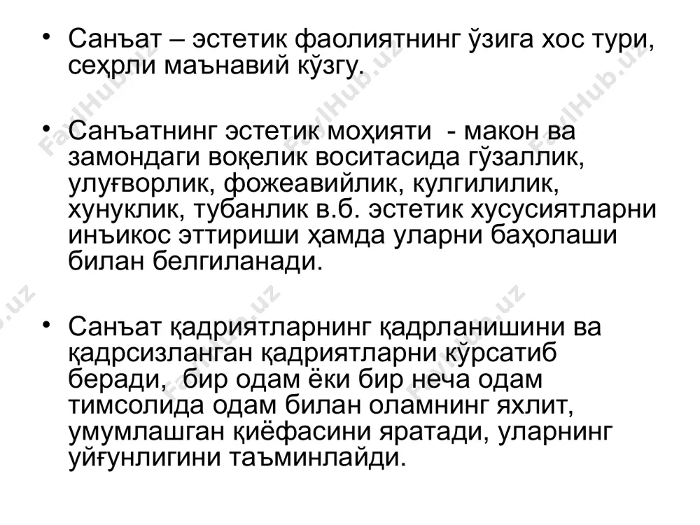 an falsafada “mutaxassis”likdan ko'ra iste'dod birlamchi ahamiyatga ega; - san'at bilan falsafa esa hamma uchun umumiy xarakterga ega. - har bir haqiqiy san'at asari o'zining falsafiy konseptsiyasiga ega bo'ladi; - g'oyaviy badiiylik bilan uyg'unlashib ketadi; - san'at ham o'zini dunyoqarash sifatida namoyon etadi san'at va axloq inson axloqiy – estetik - ruhiy muruvatlari - ezgulik va go'zallikka, yovuzlik va xunuklikka munosabatini aks ettiradi, o'rganadi; axloqdan tashqarida san'at mavjud bo'lmaydi; san'atning azaliy va abadiy bosh mavzusi ezgulik bilan yovuzlik o'rtasidagi kurashdir; san'at xulqiy go'zallik masalasini o'rtaga tashlaydi; ijtimoiy-axloqiy munosabatlar san'atda go'zallik, ulug'vorlik, fojeaviylik, kulgililik, mo''jizaviylik kabi estetik xususiyatlar orqali ifoda topadi. axloqning san'atda in'ikos qilish yo'llari: 1. bevosita. asardagi badiiy qiyofalarda ijobiylik, axloqiy fazilatlari ustun bo'ladi. axloqiy ideal yaqqol ko'rinib turadi. 2. bilvosita. asarda axloqiy ideal yoki ijobiy qahramon ham uchramasligi mumkin. lekin ularni baholash imkoniga ega bo'lamiz. san'at va din san'at axloqiylikni targ'ib etish nuqtai nazaridan din bilan bog'liq; diniy-badiiy …