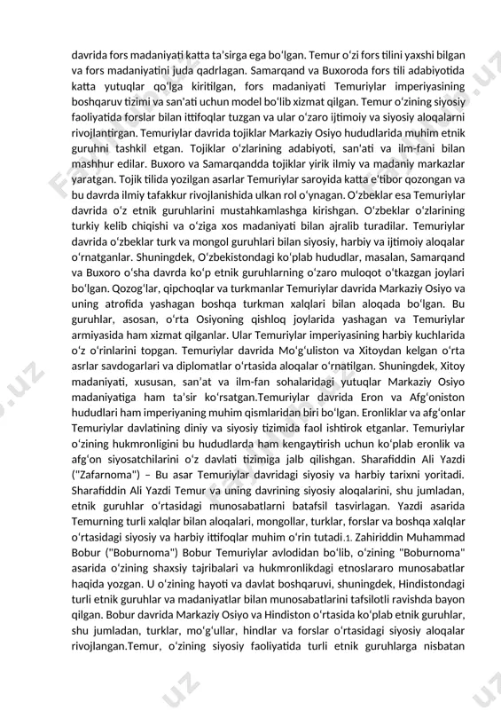 o‘z imperiyasida ko‘p millatli jamiyatni boshqarish uchun o‘zlarining ehtiyotkor siyosatini yuritganlar. misol uchun, temur o‘zining qarindoshlarini va jamiyatdagi taniqli shaxslarni muhim lavozimlarga tayinlab, barcha etnik guruhlarning manfaatlarini hisobga olgan. temuriylar davrida savdo va madaniy aloqalar orqali turli etnik guruhlar o‘rtasida madaniy va ijtimoiy almashinuvlar kuchaygan. samarqand, buxoro va boshqa shaharlarda o‘zaro madaniy aloqalar, san’at, ilm-fan va savdo rivojlangan. bu esa turli xalqlar o‘rtasidagi etnik munosabatlarni o‘zgartirib, yangi madaniy, ijtimoiy va siyosiy shakllarni yuzaga keltirditemuriylar o‘zlarining hukmronliklarida turli diniy va etnik guruhlar o‘rtasida bag‘rikenglikni qo‘llab-quvvatlashdi. temur o‘zi musulmon bo‘lsa-da, o‘z imperiyasida yashovchi boshqa dinlarga va madaniyatlarga nisbatan ham xushmuomalalik bilan yondashgan. bu siyosat etnik guruhlar o‘rtasidagi nizo va ajratishni kamaytirishga yordam bergan.shu tarzda, temuriylar davrida etnoslararo munosabatlar juda murakkab bo‘lgan. bu davrda temuriylar ko‘plab etnik guruhlar o‘rtasidagi o‘zaro aloqalarni boshqarish va siyosatdagi ehtiyotkorlikni ta’minlashga harakat qilishgan. temuriylar sulolasi turk hukmronligini o‘z ichiga olgan. temur o‘zi turk bo‘lib, o‘zining boshqaruvini asosan turk …