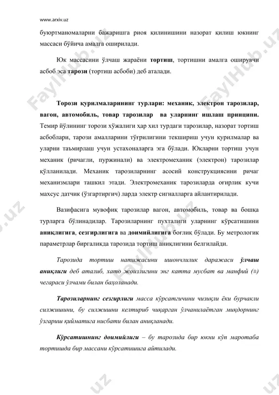 тгич 13 дан иборат. патформа 1 тортилаётган вагондан тушаётган юкламани кўндаланг таянч тўсин 2 ва вертикаль устун 3 орқали таянч калонналари 4 га осилган иккинчи тур 5 юк кўтариш ричагларига, улар орқали эса иккинчи тур 6 бўйланма ричагларга узатади. иккинчи тур бўйланма ричаглар ўз навбатида биринчи тур 7 бўйланма ричагларга таъсир қилади. бирлаштирувчи тортқи 12, биринчи тур 8 кўндаланг ричаглар ва вертикаль тортқи 11 ёрдамида зўриқиш (куч) кўрсатиш механизми 13 га берилади, унинг стрелкаси эса юк массасини қайдлайди. ричаг механизмларининг таянч калонналари вазмин пойдевор ёстиқ 9 ларга ўрнатилади. энг катта тортиш чегараси 150 т бўлган тарозиларда тўрт ўқли ва олти ўқли вагонлар тортилади. энг катта тортиш чегараси 200 т бўлган тарозиларда тўрт ўқли, олти ўқли ва саккиз ўқли вагонлар тортилади. энг катта тортиш чегараси 200 т бўлган тарозиларда иккита– узунлиги 15,5 м ли катта ва узунлиги 3,7 м ли кичик платформалар мавжуд. тўрт ўқли ёки олти ўқли вагонларни тортишда кичик …