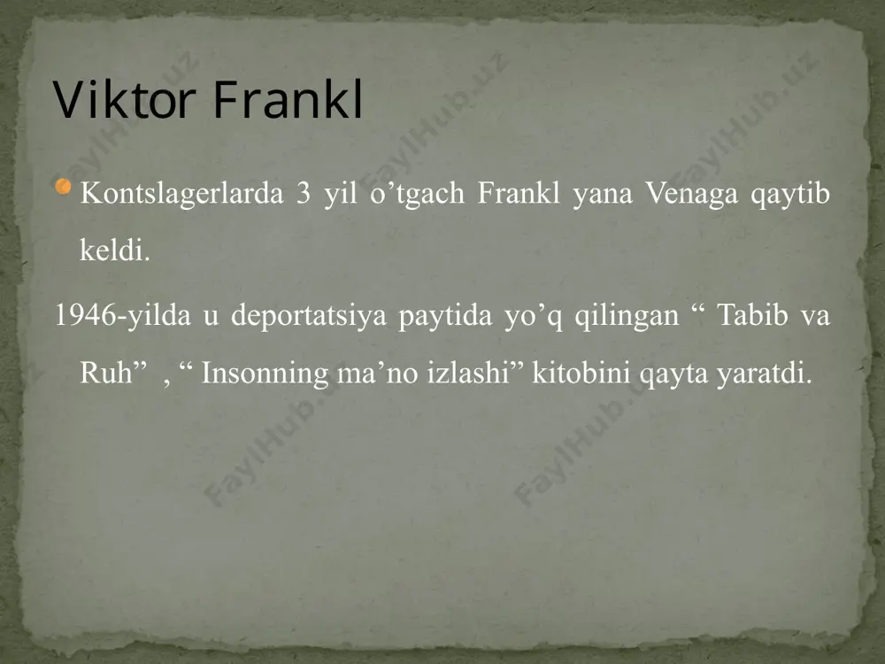 shqa odamga muhtojligini ,usiz hayot bu odam uchun ma’nosini yo’qotayotganini ko’rsatishdir «sokratik diolog» .logoterapiya yo’nalishi paydo bo’lishi bilan psixologiya yangi tajribaga ega bo’ldi. viktor franklgacha u bu yo’nalishda terapiya bilan shug’ullanmagan. frank o’z e’tiborini terapiya va psixopotologiyada ma’noning o’rni haqidagi savollarga qaratdi. franklning g’oyalari hozirda venadagi logoterapiya va ekzistensial tahsil institutida ishlab chiqilmoqda. xulosa 1995-yilga kelib ushbu institut logoterapiya va ekzistensial tahsil bo’yicha 131 dan ortiq kitoblarni nashr etdi. bugungi kunga qadar logoterapiya bo’yicha 10ga yaqin butunjahon kongresslari o’tkazildi. logoterapiya jurnallari avstriya , shveytsariya ,aqsh ,janubiy afrika ,argentina va braziliyada chop etiladi. frankl haqida спасибо за внимание! image3.jpeg image4.jpeg image5.jpeg image6.jpeg image7.gif image8.gif image9.gif /docprops/thumbnail.jpeg
