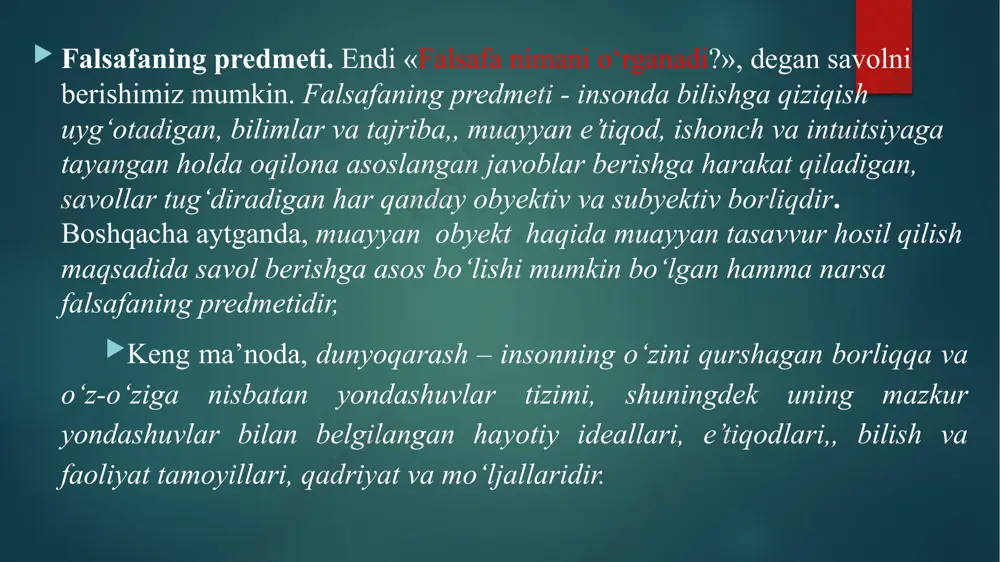 lash, ma’naviy madaniyatini takomillashtirish va faqat o‘zining ma’naviy dunyosiga munosib muhit tanlash malakalarini shakllantiradi.. dunyoqarashning tuzilishi - dunyoni sezish, dunyoni idrok etish va dunyoni tushunish kabi eng muhim elementlardan iborat. dunyoni sezish– bu o‘zini qurshagan dunyoni sezgilar yordamida hissiy idrok etishdir. bunda tuyg‘ular, kayfiyat dunyoni go‘yoki ranglarga bo‘yaydi, uning obrazini subyektiv, sof individual sezgilar orqali aks ettiradi. masalan, bemor odamga haddan tashqari yorug‘ bo‘lib tuyulishi mumkin bo‘lgan nur, sog‘lom odam uchun normal bo‘ladi; daltonik ranglar gammasini, ko‘rish qobiliyati normal bo‘lgan odamga qaraganda butunlay boshqacha idrok etadi. bundan dunyoni sezishning har xil, xususan optimistik, pessimistik, fojeaviy tiplari kelib chiqadi. dunyoni idrok etish – bu atrof borliqni ideal obrazlarda tasavvur qilishdir. dunyoni idrok etish to‘g‘ri yoki noto‘g‘ri bo‘lishi, ya’ni borliqqa mos kelmasligi mumkin. bu holda borliq noto‘g‘ri tasavvur qilinadi yoki illyuziyalar, suv parilari, alvastilar, kentavrlar haqidagi tasavvurlarga o‘xshash fantaziyalar paydo bo‘ladi. dunyoni tushunish – insonning va uni qurshagan dunyoning mohiyatini aniqlash, shuningdek …