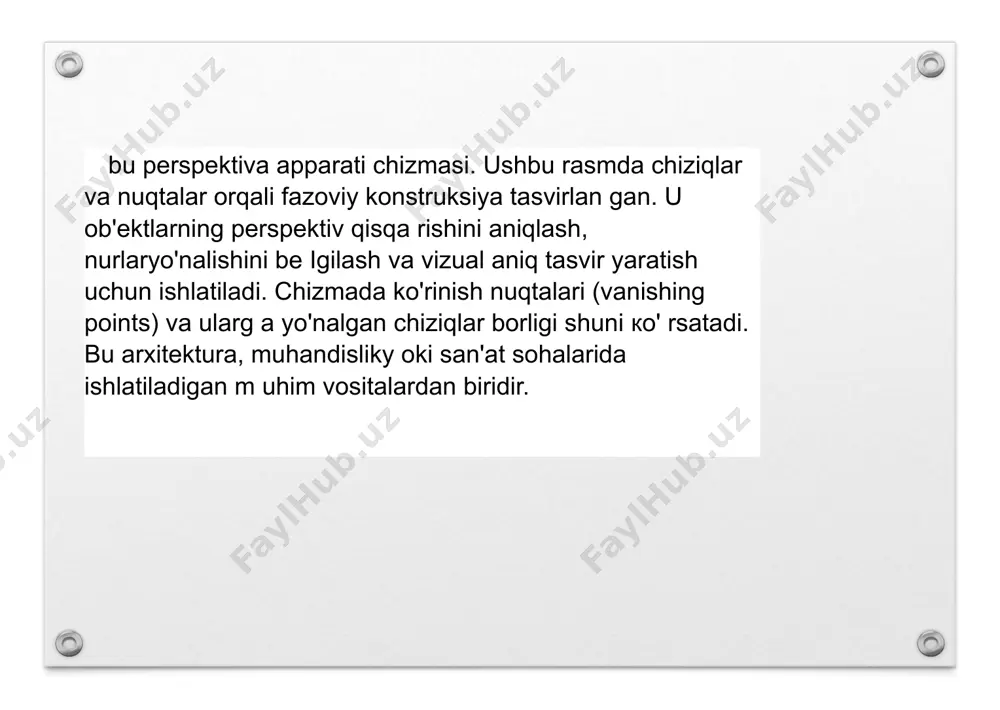 o'z balandligiga asoslangan. shunga asoslanib, ob'ektning ko'rinishi bevosita kuzatuvchining ko'zlari rasm tekisligida tasvirlangan ob'ektning tepasida yoki ostida joylashganligiga bog'liq (2-rasm). ko'z darajasi - kuzatuvchining ko'zlari tasvirlangan ob'ektga nisbatan bo'lgan daraja; bu ko'zlaming erdan masofasiga bog'liq bo'lmagan balandlikdir. bunday holda, ko'zlaming darajasi har doim ufq chizig'i bilan bir xil chiziqda joylashgan. h p h <■ image5.jpeg image6.jpeg image7.jpeg image8.jpeg image9.jpeg image3.png
