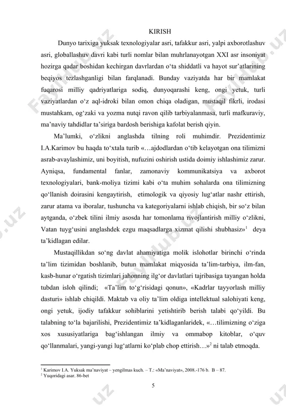 hotlar birinchi o‘rinda ta’lim tizimidan boshlanib, butun mamlakat miqyosida ta’lim-tarbiya, ilm-fan, kasb-hunar o‘rgatish tizimlari jahonning ilg‘or davlatlari tajribasiga tayangan holda tubdan isloh qilindi; «ta’lim to‘g‘risidagi qonun», «kadrlar tayyorlash milliy dasturi» ishlab chiqildi. maktab va oliy ta’lim oldiga intellektual salohiyati keng, ongi yetuk, ijodiy tafakkur sohiblarini yetishtirib berish talabi qo‘yildi. bu talabning to‘la bajarilishi, prezidentimiz ta’kidlaganlaridek, «…tilimizning o‘ziga xos xususiyatlariga bag‘ishlangan ilmiy va ommabop kitoblar, o‘quv qo‘llanmalari, yangi-yangi lug‘atlarni ko‘plab chop ettirish…» ni talab etmoqda. jamiyat tafakkurini yuksaltirishda lug‘atlarning roli beqiyosligi jahon tajribasi va amalda o‘zini to‘la oqlagan haqiqatdir. insonning mustaqil fikrlash, ong mahsulini to‘g‘ri va ravon bayon qilish qobiliyati, ijodiy tafakkurini o‘stirish harakatlari, odatda, yoshligidan boshlanadi. o‘zbekistonda kichik va o‘rta yoshdagi ta’lim oluvchilarga mo‘ljallangan maxsus lug‘atlar yaratilganmi, umuman lug‘atchilikning ahvoli qay darajada? mustaqillikdan keyin lug‘atchilik birmuncha jonlandi; siyosiy, ma’naviy, ijtimoiy jihatdan eskirgan lug‘atlarni qayta nashr qilish, yangilash hisobidan kattagina ishlar amalga oshirildi; tilshunosligimizning lug‘at xazinasi boyidi. biroq bu bilan uni …