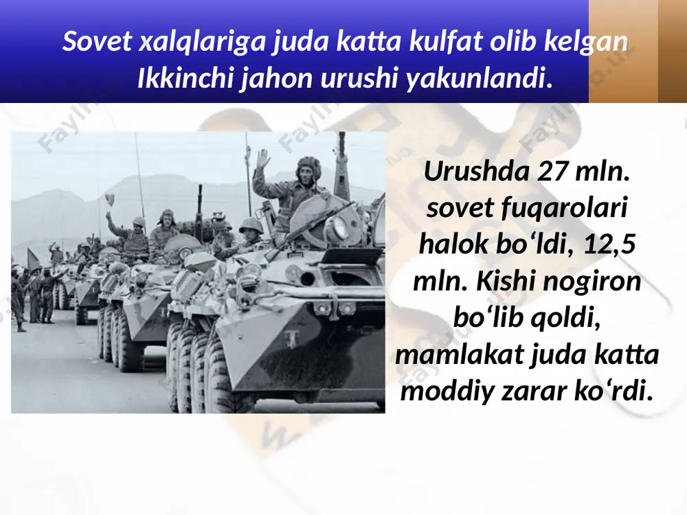 ida sotsialistik tizim vujudga keldi. avgust inqirozi. sssrning tarqalishi. 1991-yil 19-avgustga o‘tar kechasi favqulodda holat davlat komiteti (gkchp) tuzilganligi to‘g‘risida e’lon qilinib, unga sssrning vitse-prezidenti, bosh vaziri kabi yuqori lavozimli kishilar kirdi. 21-avgust kuni rossiya oliy sovetining favqulodda sessiyasi ochildi. 22-avgust kuni gkchp a’zolari qamoqqa olindi. avgust voqealaridan keyin obro‘si tushib ketgan kpssning faoliyati to‘xtatildi. 1991-yil 8-dekabr kuni minsk shahrida rossiya, ukraina, belorussiya rahbarlari 1922-yilgi ittifoq shartnomasini bekor qilib, mustaqil davlatlar hamdo‘stligi (mdh) tuzilganligini e’lon qildi. savol va topshiriqlar 1. ikkinchi jahon urushi sssr uchun qanday yakunlandi? 2. kpssning xx syezdida stalin shaxsiga sig‘inishning fosh etilishi ijtimoiy ongga qanday ta’sir ko‘rsatdi? 3. «iliqlik» davrida sssr iqtisodiy rivojlanishida qanday yangi tendensiyalar paydo bo‘ldi? 4. «turg‘unlik» davrining sovet davlati tarixidagi rolini qanday baholash mumkin? 5. sovet rahbariyatini qayta qurishni boshlashga nima majbur qildi? 6. nima uchun sovet jamiyatini demokratlashtirish sssrning parchalanishiga olib keldi? image2.jpg image3.jpeg image4.jpeg image5.jpeg image6.jpeg image7.emf image8.emf image9.jpeg image10.emf …