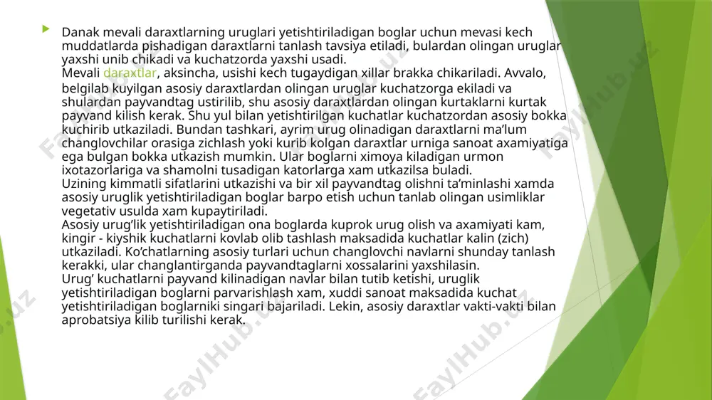 n urugni kech pishadigan turlardan tayyorlash va albatta ularning unuvchanligini tekshirish lozim. ammo ayrim danak mevalilardan (antipka, togolcha, tikanli olcha) ba’zan xali pishmagan, lekin kungirlasha boshlagan mevalardan xam urug tayyorlash mumkin. bunday mevalardan olingan uruglar unishga tayyorlanish vaktini anchagina tez utadi va ular pishgan mevalardan olingan urukka nisbatan yaxshi unib chikadi. yirik mevalardan olingan uruglarning unuvchanligi mayda mevalardan olingan uruglarga karaganda yukori buladi. shuning uchun xam mayda, pishib yetilmagan va yara-chakali mevalardan urug tayyorlanmaydi. shox-shabbaning atrofidagi mevalar tula uruglanadi, yaxshi yoritiladi va tula qimmatli uruglar beradi. shunday mevalarni urug uchun terib olish maksadga muvofikdir. mevalardan uruglar ajratilguncha mevalar uzok saklanadigan bulsa, bunda ular biologik yoki uz-uzidan kizib ketmasligini kuzatib turish kerak, chunki 45-50 0s xaroratda va ortikcha namlikda uruglar uz unuvchanligini yukotadi. mevalardan uruglar ajratilguncha mevalar uzok saklanadigan bulsa, bunda ular biologik yoki uz-uzidan kizib ketmasligini kuzatib turish kerak, chunki 45-50 0s xaroratda va ortikcha namlikda uruglar uz unuvchanligini yukotadi. …