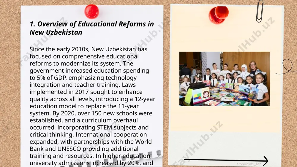 was expanded, introducing a compulsory 12-year education system. investments were made in infrastructure, increasing the number of schools and improving facilities. between 1991 and 2010, educational expenditure rose significantly, reaching approximately 7% of the gdp. the government emphasized technical and vocational education, with over 1,500 professional colleges established by 2010. curriculum reforms were introduced to align with international standards, including the introduction of ict in education. teacher training programs were enhanced to improve teaching quality, and large-scale textbook renovations were implemented. ... t.me/slaydai_bot the development of higher education in uzbekistan has seen significant growth since its independence in 1991. the number of higher education institutions has increased from 42 to over 125 by 2023. enrollment in higher education has also risen, with student numbers exceeding 370,000. the government has allocated substantial funding to modernize facilities and curricula, increasing annual educational spending to enhance quality and accessibility. recent reforms have introduced …