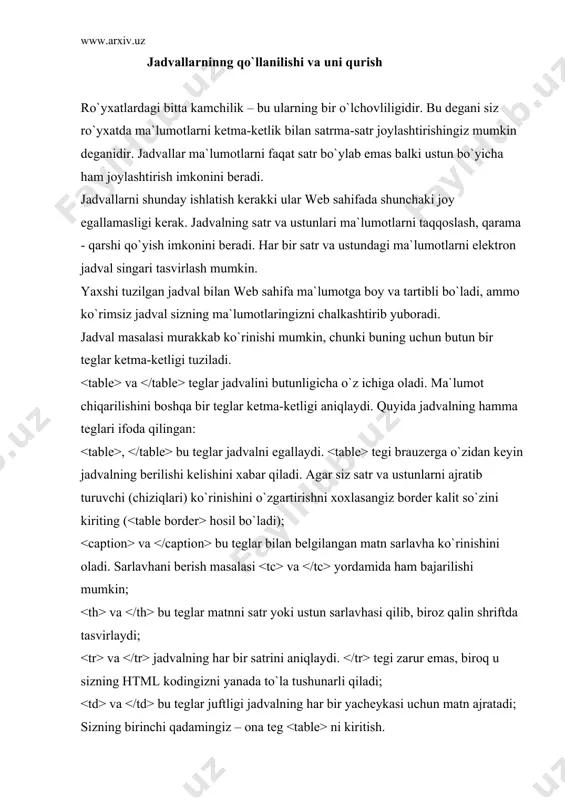 ka hozir sizning jadvalingiz ustunlarning sarlavhasi hisoblangan bita satrdan iborat. qolgan satrlarni ham kiritib boshlaymiz. har bir satrda ustunlar soniga razm solib boring, hozirgi holatda 3 ta ustun mavjud. misol 8_1. jadval yil model marka 1986 toyota cozolla 1986 chazolet nova 1996 plymouth neon web sahifalarda juda ko`p satr va ustundan iborat jadvallarni yaratish mumkin. a. bir yacheykaga bir necha satrlarni birlashtirish. agar siz tez-tez jadvallardan foydalanib tursangiz, qaysidir bir yacheyka jadvalning bir necha satrlarini birlashtirish lozim bo`lib qolgan vaziyat bilan albatta tanishsiz. bu yerda sizga tegi ichiga qo`shiladigan rowspan kalit so`zi asqotadi. misol qilib bundan keyingi bo`limlarda beysbol jadvlining versiyalarini ko`rib o`tamiz. misol 8_2. birlashtirish dilshod xorazm 16 - 2 2.73 194 mahmudjon 28 - 2 1.92 199 javlon nukus 28 - 1 1.95 200 b. bir necha ustunlarni bir yacheykaga birlashtirish va ro`yxat kirgizish. rowspan bir necha satrlarni birlashtirgani kabi, colspan bir necha ustunlarni birlashtiradi. colspan kalit so`zi …