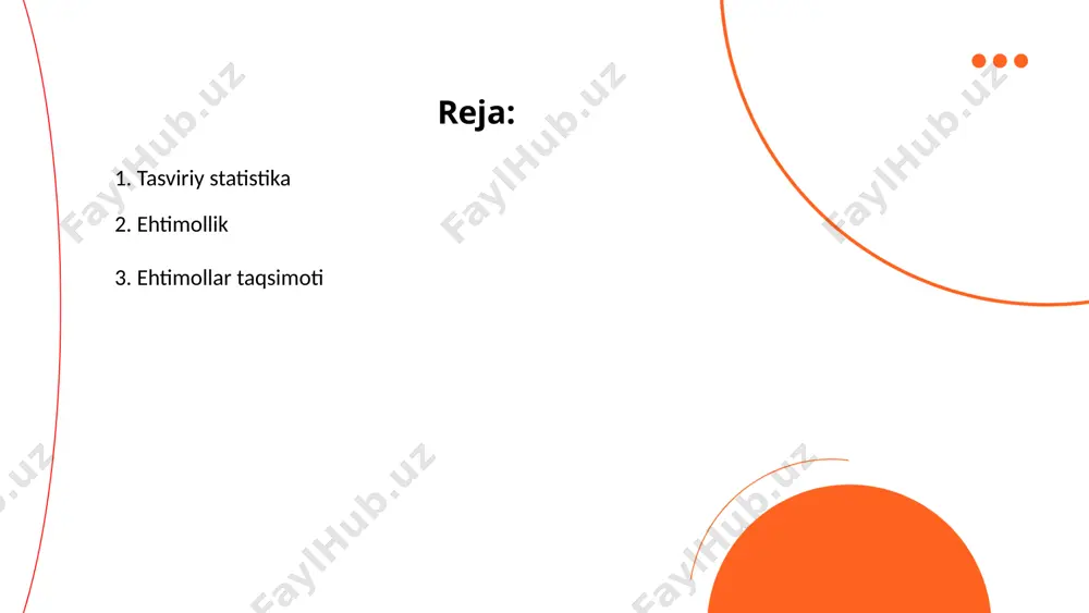 egri chiziq bilan tavsiflanadi va o'rtacha va standart og'ish parametrlari bilan tenglama bilan tavsiflanadi. binomial taqsimot n (sinovlar soni) va p (bitta sinovda muvaffaqiyat ehtimoli) parametrlari bilan aniqlangan diskret hodisalar uchun ishlatiladi. puasson taqsimoti kam uchraydigan hodisalarni tavsiflaydi va l parametriga bog'liq (har bir intervaldagi hodisalarning o'rtacha soni). boshlanish ehtimoli odatda 0 dan 1 gacha. ... t.me/slaydai_bot 4. tasodifiy o‘zgaruvchilar tasodifiy o'zgaruvchilar tasodifiy jarayon qabul qiladigan qiymatlarni tavsiflovchi ehtimollik nazariyasi va statistikadagi asosiy tushunchadir. ular diskret yoki doimiy bo'lishi mumkin. diskret tasodifiy o'zgaruvchilar chekli yoki sanaladigan qiymatlarni oladi, masalan, tanga otishdagi boshlar soni (0, 1, 2). uzluksiz tasodifiy o'zgaruvchilar ma'lum bir diapazonda har qanday qiymatni olishi mumkin, masalan, inson bo'yi (150 sm dan 200 sm gacha). tasodifiy o'zgaruvchilarning asosiy xususiyatlariga kutish (o'rtacha), dispersiya (tarqalish o'lchovi) va standart og'ish (dispersiyaning kvadrat ildizi) kiradi. oddiy yoki eksponensial kabi ehtimollik taqsimoti tasodifiy o'zgaruvchilarning harakatini tavsiflaydi. ... t.me/slaydai_bot matematik kutish - ehtimollik nazariyasidagi tasodifiy …