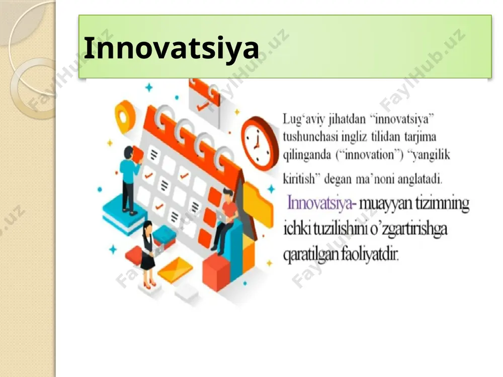 . pedagogik innovatsiya ta’lim berishning texnik vositalari ta’lim berishning texnik vositalari -o’quv materialini ko’rgazmali namoyish etishga, uni tizimli yetkazib berishga yordam beradi, o’quvchilarga o’quv materialini tushunishlariga va eslab qolishlariga imkon beradi . bunday vositalarga quyidagilar misol bo’lishi mumkin: komyuter, proektor, mikrafon, doska-bloknot, doska-stend, ... yordamchi ta’lim vositalari - grafiklar, chizmalar, na’munalar, tarqatma materiallar va boshqalar. mavzuni o‘rganishning taxminiy bosqichlari quyidagilardan iborat 1. mavzu va uning rejasi beriladi; 2. o‘quv faoliyati natijalari eslatiladi; 3. mavzuni uning ahamiyatga qisqa to‘xtalinadi; 4. mavzuni tushuntirish ketma- ketligi texnologik loyiha asosida o‘qituvchi maqsadiga mos kelishi lozim; 5. o’quvchilar diqqatini jalb etib, mavzu savollari haqida muammoli vaziyatlar hosil qilish; 6. tushuntirish jarayonida o‘quv adabiyotlari yoki tarqatma materal bilan ishlashga ahamiyat beriladi; 7. o’quvchining tarqatma materal yoki o‘quv adabiyotlardan asosiy tushunchalarni o‘qish va yozishni tashkil etishga imkoniyat yaratish; 8. mavzuni o‘rganish darajasini tekshirish, o’quvchilarga og‘zaki savollar berib borish orqali 9. o’quvchilar javoblariga izoh berish yoki to’ldirish, to‘g‘ri …