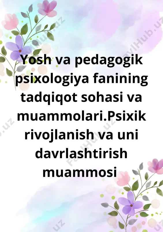 adi? a) faqat biologik omillarga b) faqat pedagogik omillarga c) ijtimoiy, biologik va psixologik omillarga d) tasodifiy holatlarga 11. psixik rivojlanish qanday bosqichlardan iborat? a) tug‘ilishdan boshlab to qarilikka qadar davom etadigan ketma-ket bosqichlar b) faqat maktab davrida kechadigan jarayon c) 18 yoshdan keyin tugaydi d) faqat onalik davrida sodir bo‘ladigan o‘zgarishlar 12. pedagogik psixologiyaning asosiy metodlari qaysilar? a) kuzatish, eksperiment, suhbat, test b) faqat tajriba usuli c) faqat kuzatish va eksperiment d) asosan matematik usullar 13. yosh davrlashtirish haqida qaysi olim eng ko‘p tadqiqot olib borgan? a) s. rubinshteyn b) j. piajé c) b. skinner d) k. levin 14. o‘quvchilarning psixik rivojlanishiga eng katta ta’sir ko‘rsatadigan omillar qaysilar? a) oilaviy muhit, ta’lim sifati, ijtimoiy muhit b) faqat ijtimoiy muhit c) faqat biologik omillar d) asosan televizor ko‘rish 15. psixologiyada "yaqin rivojlanish zonasi" tushunchasi kimga tegishli? a) j. piajé b) z. freyd c) l.s. vygotskiy d) a. bandura 16. bolaning …