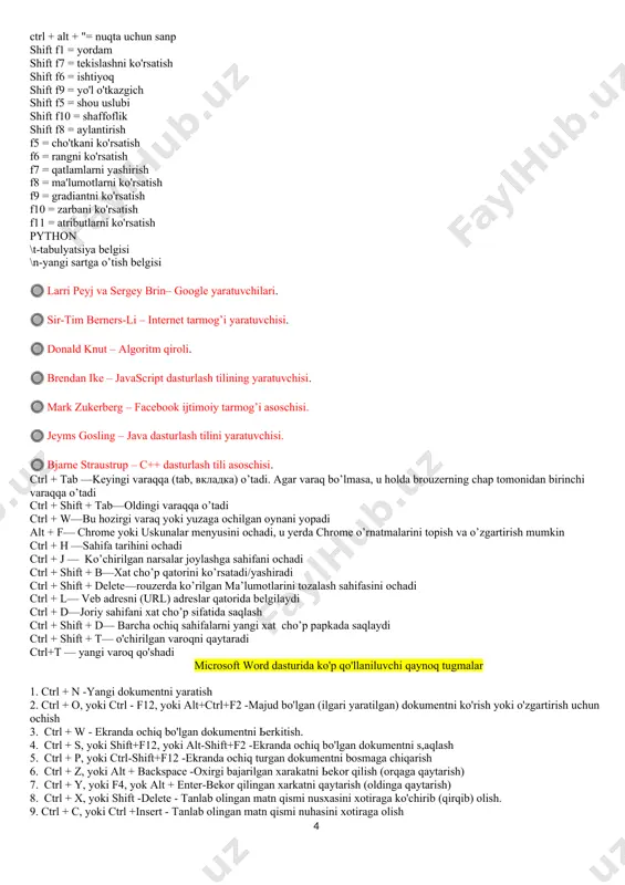tushadi. mta ga manzillami tahlil qilish va shu asosda xabar marshrutini aniqlash vazifasi yuklatiladi. mta uzatilayotgan xabarlami qayta ishlab, virusga tekshiradi, anonim xat - spamlami muoma- ladan chiqaradi. · hozirgi paytda mta vazifalarini amalga oshiruvchi postfix, smail, gmail, exim va boshqa dasturlar ham mavjud. · dns-intemet server. · e-mail address turlari: gmail.com, yandex.ru, mail.m, inbox.uz, umail.uz. ushbu web-saytlaming qaysi biri bilan ishlashning farqi yo‘q, foydalanuv​chining o‘ziga havola etiladi. · elektron pochta. foydalanuvchining elektron manzilining umumiy tuzil- masi quyidagicha: pochta nomi@sayt nomi. domen (info@umail.uz) kompyuter viruslarini aniqlash va yo‘qotish, ulardan himoyalanish uchun yaratilgan maxsus dasturlar antiviruslar deb ataladi. antiviruslar quyidagi turlarga bo‘linadi: detektor - dasturlar; doktor - dasturlar; revizor - dasturlar; filtr - dasturlar. detektor - dasturlar oldindan ma’lum bo‘lgan vims belgilarini tahlil qilish orqali borligi aniqlangandan so‘ng, ushbu vims mavjudligi haqida ma’lumot chiqaradi. doktor - dasturlar viruslami topibgina qolmay, undan kompyuter dasturlarini xalos qiladi, ya’ni davolaydi. ushbu dasturlar ichida keng …