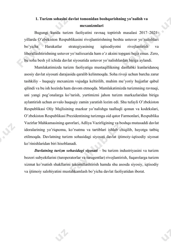 ha davlat faoliyatidan iborat. turizm bozorini tartibga solish va litsenziyalash turizmning tarmoqlararo o‗zaro ta‘sirini belgilash turizmni rivojlantirish viloyat dasturlarini qo‗llash turizm sohasining qonun va me‘yoriy hujjatlarini takomillashtirish ilmiy - tadqiqot ishlarini tashkil qilish kadrlar bilan ta‘minlash statistika hisobotini takomillashtirish axborot texnologiyalarini qo‗llash yagona axborot kengligini va atm tizimini yaratish investitsiyalarni jalb etish xalqaro va mintaqalararo hamkorlikni tashkil qilish turistik mahsulotlarni ishla b chiqarish va sotish , reklama - axborot ta‘minoti turizm sohasini davlat tomonidan boshqarish - ning yo„nalishlari 1.1-rasm. turizm sohasini davlat tomonidan boshqarishning yo’nalishlari. turizm siyosati o’zbekiston respubikasining barcha hududida, avvalambor, mintaqa alohida subyektlar darajasida, undagi mavjud bo’lgan turizm bilan mintaqa iqtisodiyoti o’rtasidagi ziddiyatlarni bartaraf etish maqsadida amalga oshiriladi. davlatning turizm siyosati xalq xo’jalik majmuasini rivojlantirish va aniq maqsadlarga erishish uchun turizm sohasi faoliyatiga davlat ta’sirining shakllari, usullari va ta’sir qilish yo’nalishlarining yig’indisidan iborat. turizmni rivojlantirishda boshqarish strategik tizimi samaradorligini oshirishga muayyan choralar majmuasining ishlatilishini qo’llash orqali erishish mumkin. …