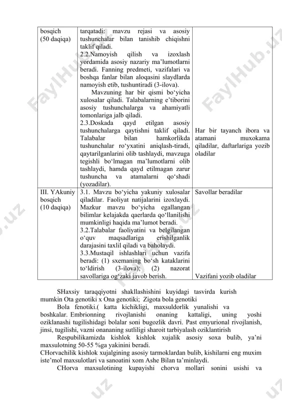 50 daqiqa) 2.1.mavzu bo‘yicha ma’ruza matnlarini tarqatadi: mavzu rejasi va asosiy tushunchalar bilan tanishib chiqishni taklif qiladi. 2.2.namoyish qilish va izoxlash yordamida asosiy nazariy ma’lumotlarni beradi. fanning predmeti, vazifalari va boshqa fanlar bilan aloqasini slaydlarda namoyish etib, tushuntiradi (3-ilova). mavzuning har bir qismi bo‘yicha xulosalar qiladi. talabalarning e’tiborini asosiy tushunchalarga va ahamiyatli tomonlariga jalb qiladi. 2.3.doskada qayd etilgan asosiy tushunchalarga qaytishni taklif qiladi. talabalar bilan hamkorlikda tushunchalar ro‘yxatini aniqlash-tiradi, qaytarilganlarini olib tashlaydi, mavzuga tegishli bo‘lmagan ma’lumotlarni olib tashlaydi, hamda qayd etilmagan zarur tushuncha va atamalarni qo‘shadi (yozadilar). tinglaydilar. har bir tayanch ibora va atamani muxokama qiladilar, daftarlariga yozib oladilar iii. yakuniy bosqich (10 daqiqa) 3.1. mavzu bo‘yicha yakuniy xulosalar qiladilar. faoliyat natijalarini izoxlaydi. mazkur mavzu bo‘yicha egallangan bilimlar kelajakda qaerlarda qo‘llanilishi mumkinligi haqida ma’lumot beradi. 3.2.talabalar faoliyatini va belgilangan o‘quv maqsadlariga erishilganlik darajasini taxlil qiladi va baholaydi. 3.3.mustaqil ishlashlari uchun vazifa beradi: (1) sxemaning bo‘sh kataklarini to‘ldirish (3-ilova); (2) nazorat …