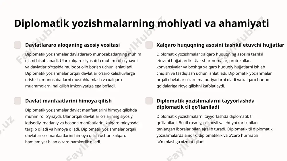 ma yozuvlaridir. 5 diplomatik yozishmalarning tuzilishi va konvensiyalari sarlavha diplomatik yozishmalar, odatda, rasmiy sarlavhaga ega. bu sarlavha yozishmaning maqsadi va mazmunini qisqacha aks ettiradi. masalan, "diplomatik eslatma" yoki "xat" kabi. manzil yozuvchining to'liq nomi va unvonini ko'rsatadi. keyin esa yozishma kimga yozilganligini ko'rsatadi. bu ma'lumotlar yozishmaning yuqori qismida ko'rsatiladi. matn diplomatik yozishmaning matni aniq va qisqa bo'lishi kerak. u diplomatik tilni qo'llashga asoslangan, shuningdek, xushmuomalalik va hurmatni aks ettiradi. imzo yozuvchining imzosi bilan birga unvonini o'z ichiga oladi. qo'shimcha ravishda, yozishmaning rasmiy muhrini ham qo'yish mumkin. 6 diplomatik yozishmalarning tayyorlanish jarayoni tuzish bosqichlari diplomatik yozishmalarni tayyorlash aniq bosqichlardan iborat. birinchidan, yozishma maqsadini aniqlash kerak. keyinchalik, yozishmaning mazmunini aniqlash, uni aniq va tushunarli so'zlar bilan ifodalash muhim. natijada, yozishma rasmiy shaklda shakllantiriladi. til va uslub diplomatik yozishmalarda rasmiy va hurmatli til ishlatiladi. yozuvchi qat'iy va aniq so'zlarni tanlaydi, ijobiy va salbiy ma'nolarga e'tibor beradi. yozishma uslubi diplomatik munosabatlar doirasida shakllantiriladi. til …
