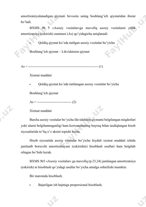 ga tortish jihatlari ham aniq belgilab olingan bo’lishi lozim. amortizatsiya (eskirish) ni hisoblash usullarining moxiyatini, ularning solik solish bazasiga ta’sirini qo’yidagi misol asosida ko’rib chiqaylik. aytaylik, avtomashinaning boshlang’ich qiymati – 1000000 so’m, korxona tomonidan ko’zda tutilgan likvidatsion qiymat – 100000 so’m, xizmat muddati – 5 yil, yillik eskirish me’yori – 20%. texnik pasportida xizmat muddati davrida ko’zda tutilgan ish hajmi (soatlarda) – 10000 soat. mashinaning haqiqatda ishlagan vaqti hisob ma’lumotlari bo’yicha 1-yilda – 2000 soat, 2-yilda – 3000 soat, 3-yilda – 2500 soat, 4-yilda – 1500 soat, 5-yilda – 1000 soat. bir maromda hisoblash usuli. ushbu usulning mohiyati shundaki, u amortizatsiyalanadigan qiymatni foydali xizmat muddat davomida bir maromda (miqdorda) hisoblashni, jamlangan amortizatsiya (eskirish) ni bir maromda ko’payib borishini va qoldiq qiymatini bir maromda kamayib borishini taqozo etadi. yillik amortizatsiya (eskirish) summasi ushbu usulda 180000 so’mni tashkil etadi. 1000000 – 100000 900000 as = ------------------------------- = -------------- = 180000 so’m 5 …