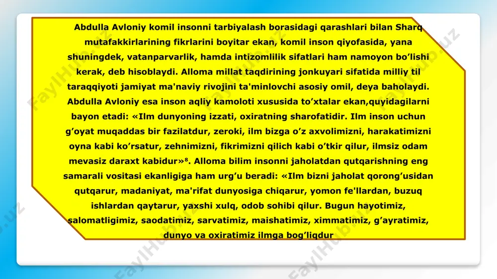 blijnogo i srednogo vostoka epoxi srednovekovaya. tashkent: fan. 1989.c.10 3 abu rayhon beruniy. o’ylar, hikmatlar, naqllar,she’rlar. toshkent. yosh gvardiya. 1973.44-bet 4 rahimov s. abu ali ibn sino. ta’lim va tarbiya haqida. – toshkent, o’qituvchi, 1967. – 75 bet 5 a.navoiy maxbub ul-qulub. asarlar. o’n besh tomlik. 13tom, - toshkent, badiiy adabiyot nashriyoti, 1966. – 189-190-betlar 6 a.navoiy maxbub ul-qulub. asarlar. o’n besh tomlik. 13tom, - toshkent, badiiy adabiyot nashriyoti, 1966. – 192-193-betlar 7 xoshimov k. pedagogika tarixi oliy o’quv yurtlari va universitetlar talabalari uchun o’quv qo’llanma. – toshkent, o’qituvchi, 1996, - 191-bet 8 a.avloniy. odob bo’stoni va axloq gulistoni. – toshkent, o’qituvchi, 1994, -10-bet 9 a.avloniy. turkiy guliston yoxud axloq. – toshkent, o’qituvchi, 1992. 22-23-betlar 10 a.avloniy. turkiy guliston yoxud axloq. – toshkent, o’qituvchi, 1992. 230-bet 11 yu.x.hojib. qutadg’u bilig (saodatga yo’llovchi bilim) – toshkent, fan, 1971.659-bet 12 a.navoiy, asarlar. o’n besh tomlik. uchinchi nashr. – toshkent, g’.g’ulom nomidagi badiiy …