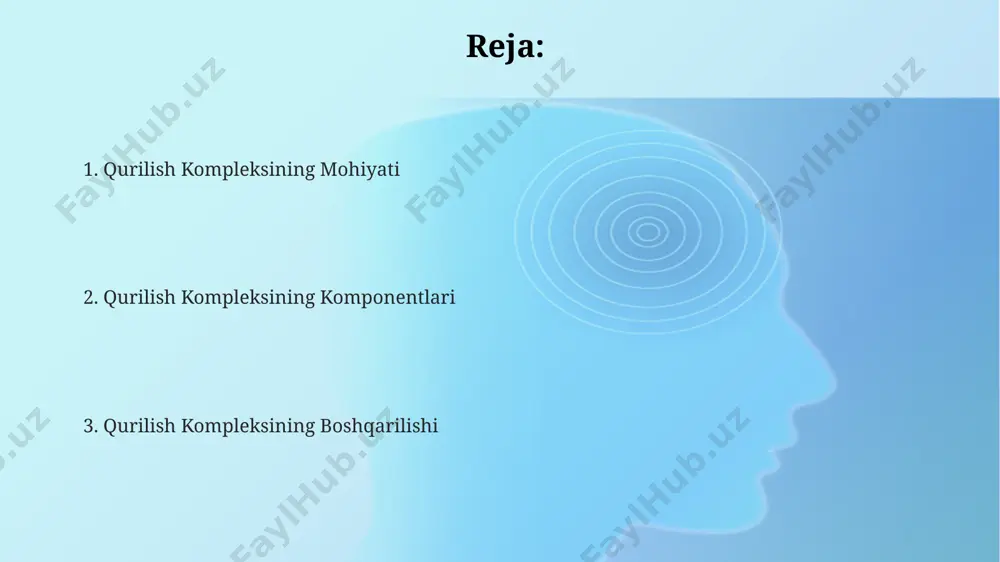atlarini 15% gacha kamaytirishi mumkin. zamonaviy qurilish komplekslari, bim (building information modeling) texnologiyalarini qo'llab, loyihalash va qurilish vaqтини 20% gacha qisqartiradi va xatoliklar sonini 10% ga kamaytiradi. katta qurilish komplekslarida, o'rtacha 5000 m² dan ortiq maydonni egallaydigan obyektlar uchun, materiallar yetkazib berish va logistika samaradorligini oshirish uchun maxsus rejalashtirish tizimlari qo'llaniladi. loyihalash va rejalashtirish qurilish maydonchasining topografik xususiyatlarini va yer osti kommunikatsiyalarining joylashuvini aniqlash uchun geodeziya va topografik tadqiqotlarni o'tkazish, kamida 20 ta nuqtadan o'lchovlar olish zarur. rejalashtirish jarayonida qurilish materiallarining yetkazib berilish muddatlari va narxlarining o'zgaruvchanligini inobatga olgan holda, zahira rejalari ishlab chiqish zarur, masalan, 10% zahira hisobga olinishi tavsiya etiladi. loyihalash bosqichida kamida 3 ta variantli rejalashtirishni o'rganish, har birining xarajatlari 15-25% gacha farq qilishi mumkinligini hisobga olish muhim. e'tiboringiz uchun rahmat @taqdimot_robot image1.png