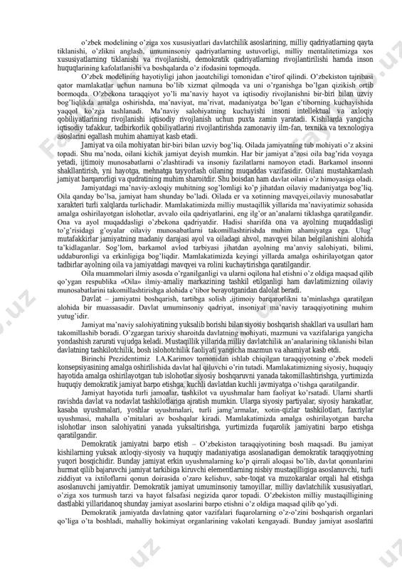 shi odamlar va ular uyushmalarining ongli faoliyati bilan bog’lanib ketadi. jamiyat qonunlarini ham eng umumiy, umumiy va xususiy (juz’iy) qonunlar tipologiyasiga ajratish mumkin. falsafa qonunlar va kategoriyalarida o’z ifodasini topgan o’zaro aloqadorliklar, bog’lanishlar ijtimoiy hayotda ham namoyon bo’ladi. binobarin, bu eng umumiy qonunlar, kategoriyalar, tamoyillarni bilish jamiyatni ilmiy boshqarish imkoniyatini tug’diradi. insoniyat tarixiy takomilida, sosial, ealtlar, millatlar hayotida o’xshash shart-sharoitlarda birdek amal qiladigan qonunlarni umumiy qonunlar deb atash mumkin. masalan, moddiy ishlab chiqarish bilan ma’naviy boyliklar yaratish o’rtasidagi mutanosiblik qonuni bozor munosabatlarining ikki tomni o’rtasidagi yoki ehtiyojlar bilan manfaatlar o’rtasidagi munosabatlarni anglatadi. muayyan jamiyat taraqqiyoti va tanazzulining aniq bir bosqichlari, holati to’g’risida ravshan tasavvurga ega bo’lish uchun xususiy (juz’iy) ijtimoiy qonunlarni ham anglab olish zarur. bunday qonunlarning amal qilish darajasi malum bir makon va zamonda cheklanganligi va ular jamiyat taraqqiyotining faqat ayrim bosqichlarigagina xos aloqadorliklarni ifodasi bilan farqlanadi. masalan, sobiq sho’rolar davrida amal qilgan planli proporsional deb atalgan qonunning harakati …