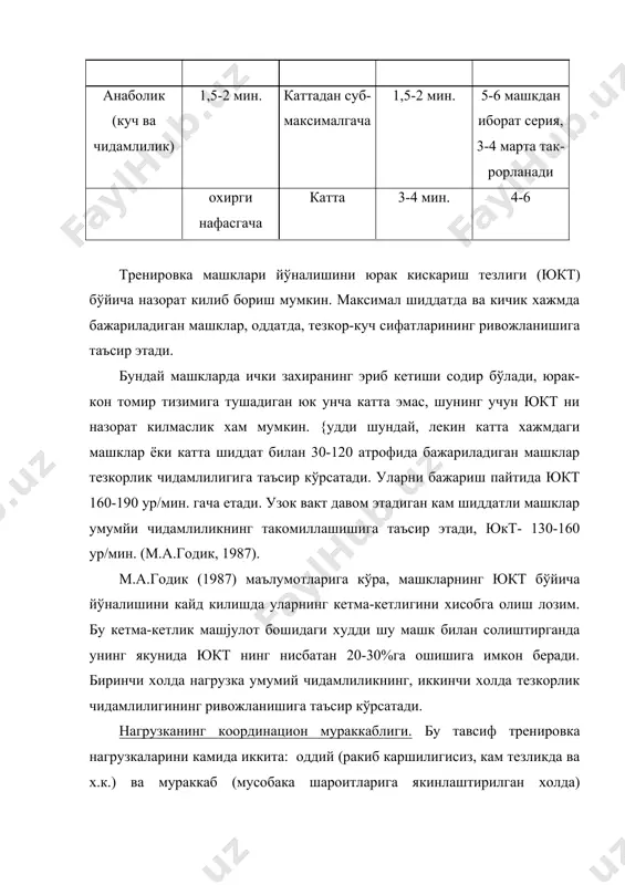150 7 аралаш аэроб-анаэроб 26 156 8 27 162 10 28 168 12 29 174 14 30 180 17 анаэроб-гликолитик 31 188 21 32 192 25 33 198 35 тренировка машјулотидаги нагрузка хажмини аниклаш учун машкдан кейин юкт нинг ўртача хисоби топилади, сўнгра жадвалдан шиддат киймати топилади, уни шу машкни бажариш вактига кўпайтирилади. нагрузка хажмини тренировканинг таъсир этиш йўналиши бўйича кайд этиш максадга мувофикдир. тренировка дастурини тузувчи тренер спортчи томонидан бажарилган ишлар тўгрисида аник хамда ишончли маълумотга эга бўлиши лозим, тренер унинг тайёргарлигидаги ижобий хамда салбий томонларни била туриб, тренировка жараёнини максадга мувофик холда амалга ошириши мумкин. адабиётлар: 1. годик м.а. контроль тренировочных и соревновательных нагрузок. -м., 198. 2. керимов ф.а. кураш тушаман. -т., 1990. 3. петрунев а.а. и др. подготовка квалифицированных борцов классического стиля. красноярск, 1988. 4. платонов в.н. общая теория подготовки спортсменов в олимпийском спорте. киев, 1997.
