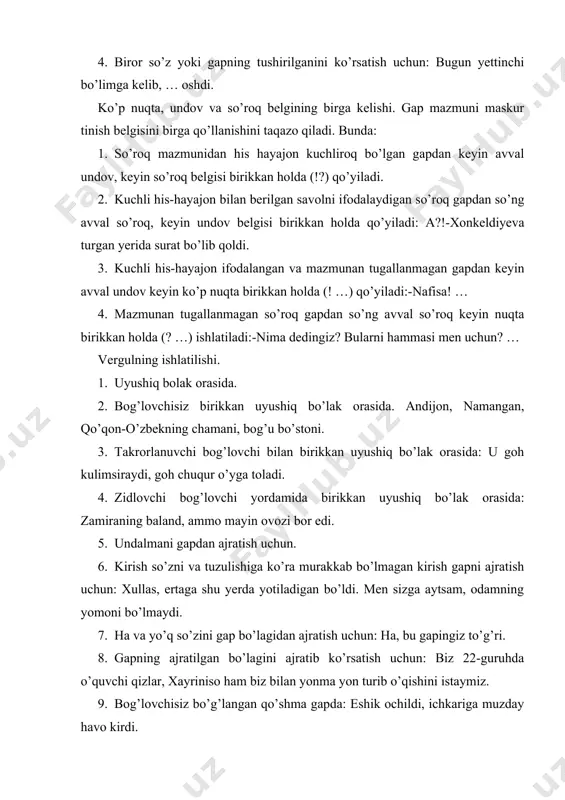 a gaplar orasida hamda har xil turdagi gapni o’z ichiga olgan qo’shma gapda: daraxtlar, butalar shitirladi; kuzning salqin nafasi yuzga uruldi; 3. qavsli harf yoki raqam bilan tartiblangan gapning oxirgisidan boshqasida: qo’shma gap 3ga bo’linadi: a) bog’langan qo’shma gap; b) bolg’lovchisiz qo’shma gap; c) ergash gapli qo’shma gap. ikki nuqtaning ishlatilishi 1. uyushiq bo’lakdan oldin kelgan umumlashtiruvchi so’zdan so’ng: yig’ilishda tajribali ishchilar: salim aka, abdukarim aka va sobirjonlar so’zga chiqishdi. eslatma. ba’zan umumlashtiruvchi so’z yashirinishi mumkin, lekin ikki nuqta qo’yilaveradi: qilinishi kerak: traktorlar ta’mirdan chiqarilsin. 2. quyidagi ma’noni ifodalagan bog’lovchisiz qo’shma gapda: a) bir gap ikinchi gapdan anglashilgan ish-harakatning sababini ko’rsatsa. b) bir gap ikkinchi bir gapdan anglashilgan ish harakatining natijasini ko’rsatsa. c) agar biror gap boshqa bir gapning mazmunini to’ldirsa yoki izohlasa. d) ko’chirma gapdan oldin, muallif gapidan so’ng. tirening ishlatilishi. 1. ot, son, olmosh va harakat nomi bilan ifodalanib, kesim bilan bog’lamasiz birikkan ega va kesim orasida: o’zbekistonning …