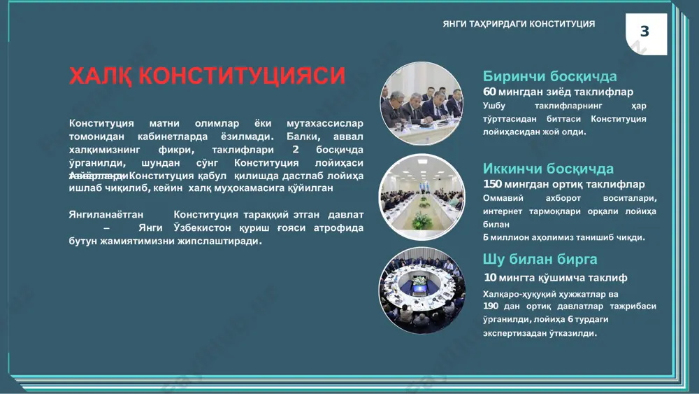 адолатли ҳақ олиш ҳуқуқи кафолатланди. инсоннинг муносиб турмуш даражаси таъминланади. меҳнатга ҳақ тўлашнинг энг кам миқдори инсоннинг муносиб турмуш даражасини таъминлаш зарурати ҳисобга олинган ҳолда белгиланиши мустаҳкамланди. аёлларнинг иш ҳақини камайтириш тақиқланди. ҳомиладорлиги ёки боласи борлиги сабабли аёлларни ишга қабул қилишни рад этиш, ишдан бўшатиш ва уларнинг иш ҳақини камайтириш тақиқланиши белгиланмоқда. давлат камбағалликни қисқартириш чораларини кўради. шу билан биргаликда, фуқароларнинг бандлигини таъминлаш, уларни ишсизликдан ҳимоя қилиш чораларини кўриши мустаҳкамланади. 8 янгиланаётганконституция 10 янги конституциянинг асосий, принципиал янгиликлари таълим соҳаси олийгоҳларда давлат бепул бошланғич инклюзив таълим бўйича моддалар гранти қатъий касб-ҳунар сифатида конституцияга киритлмоқда белгиланмоқда ўқитилади киритилмоқда таълим ва илм-фанга оид грантлар сони ² баравар фуқароларнинг бепул бошланfич ногиронлиги бор нормалар қарийб 2 баробарга кўпайиб, ⁴⁰ мингтага етди. касб⁻ унарга ўқитилиши болажонларимизга ўз тенгдошлари ошмоқда шундан, магистратура учун – белгиланмоқда билан бир хил таълим олиши учун 5 баравар кўпайди барча шароитлар яратилмоқда ўзбекистон –ижтимоийдавлат янги таҳрирдаги конституция9 болалар меҳнати тақиқланди. …