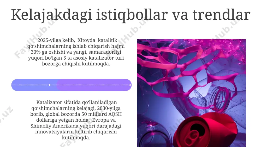 a oshirishi mumkin. bu reaksiyalar kimyo sanoati, xususan o'zbekistonning farg'ona vodiysidagi kimyo zavodlarida keng qo'llaniladi. organik katalizatorlar, masalan, fermentlar, biokimyoviy reaksiyalarda yuqori samaradorlikka ega. masalan, 37°c da ishlaydigan lipaz fermentlari yog'larning gidrolizini tezlashtirib, oziq-ovqat sanoatida, xususan, germaniyada keng qo'llaniladi. avtomobil sanoatidagi qo'llanilishi evropa ittifoqi standartlari bo'yicha, 2025-yildan boshlab, barcha yangi avtomobillar uchun chiqindilar tarkibidagi zararli moddalar miqdorini kamaytirish uchun yuqori samarali katalizatorlar majburiy hisoblanadi, bu esa nox emissiyasini 70% ga kamaytirishga yordam beradi. avtomobil katalizatorlarida ishlatiladigan platina, palladium va rodiy kabi nodir metallar 2023-yilda jahon bozorida 15 milliard dollarlik hajmdan oshgan. bu metallarning samaradorligi avtomobil chiqindilaridagi zararli gazlarni 90% gacha kamaytirishga yordam beradi. turli xil reaktsiyalarda qo'llanilishi katalizator sifatida ishlatiladigan qo'shimchalar 20-30°c haroratda, masalan, gidrogenlash reaksiyalarida, o'rtacha 5-10% miqdorida qo'llanilib, reaksiya tezligini 2-3 barobar oshiradi va shu bilan birga, reaksiyaning faollashuv energiyasini kamaytiradi. germaniyada ishlab chiqarilgan ba'zi qo'shimchalar polimerizatsiya reaksiyalarida, xususan, etilen va propilen monomerlarini polimerlashda katalizator sifatida muvaffaqiyatli qo'llanilmoqda, …