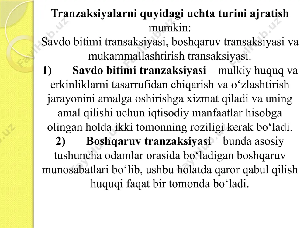 ko‘p sonli iqtisodiyot subyektlarining faqatgina bir qismi o‘z loyihalarini amalga oshiradi, natijada – jamiyat yo‘qotishlarga duch keladi. ikkinchidan, muvozanatga tomon harakatlanish jarayonida turli subyektlar, shu jumladan davlatning harakatlari ham uyg‘unlashmaganligi. ushbu jihat islohotchilar tomonidan yetarlicha baholanmagan va bu hanuzgacha yetarlicha o‘rganilmagan. 3. o‘tish rentasini qayta taqsimlash xarajatlari. buyruqbozlik tizimida jamiyatdagi mavjud resurslarning qat'iy tartibga solinishi alohida guruhlar uchun imtiyozlarning paydo bo‘lishiga olib keldi, bu renta daromadi bilan bir xil bo‘ladi. ulgurji va chakana narxlar, shuningdek, ichki va jahon narxlari o‘rtasidagi farqlar hisobidan olingan rentaning katta qismi davlatga kelib tushib, turli ijtimoiy guruhlar o‘rtasida qayta taqsimlandi, ularning kichik qismi esa amaldorlar va xufyona bozor subyektlari tomoniga o‘tdi. iqtisodiyot sub’yektlari sarf-xarajatlarining ma’lum qismini transaksiya xarajatlari tashkil etadi. ushbu toifaga kiruvchi xarajatlarni kamaytirish iqtisodiyotni modernizatsiya qilish va ishlab chiqarishni diversifikatsiyalash jarayonlarida muhim ahamiyat kasb etadi transaksiya xarajatlarini pasaytirish va ular tarkibini optimallashtirishni ta’sirchan yo‘li bo‘lib u, - tadbirkorlarni moliyaviy-iqtisodiy salohiyatini ko‘tarishga - tadbirkorlar …