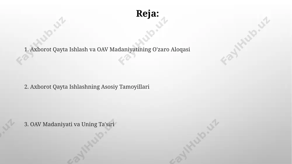 iq foydalanuvchi kuniga 5 soatdan ortiq vaqt sarflaydi, bu raqamli madaniyatning keng tarqalganligi va ta’sirini ko‘rsatadi. axborot texnologiyalari va jamiyat axborot texnologiyalarining jadal rivojlanishi natijasida 2023 yilda dunyo bo'ylab 5 milliarddan ortiq odam internetdan foydalangan, bu esa ommaviy axborot vositalarining ta'sirini sezilarli darajada oshirdi. o'zbekistonda 2020 yildan beri raqamli iqtisodiyotni rivojlantirishga qaratilgan 10 dan ortiq davlat dasturi qabul qilingan, bu esa axborot texnologiyalari sohasidagi kadrlar tayyorlashga talabni 2 barobar oshirdi. axborot manipulyatsiyasi va dezinformatsiya fakt tekshiruvi va mediaxotirlik metodologiyalari, taxminan 30% dezinformatsiyani aniqlash va uning tarqalishini kamaytirishga yordam beradi, ammo murakkab texnologiyalar tufayli muammo butunlay hal bo'lmaydi. dezinformatsiya kampaniyalari, maqsadli auditoriyaga ta'sir qilish uchun algoritmlar va "botlar" dan foydalanib, 50% ga yaqin foydalanuvchilarni aldashi mumkin. ommaviy axborot vositalari madaniyati ommalashgan axborot vositalari madaniyati ommaviy axborot vositalarining 24/7 mavjudligi tufayli insonlarning dunyoqarashiga va ijtimoiy munosabatlariga sezilarli ta'sir ko'rsatadi, bu esa kognitiv jarayonlarni o'zgartiradi. global miqyosda, ommaviy axborot vositalari madaniyatining ta'siri natijasida …