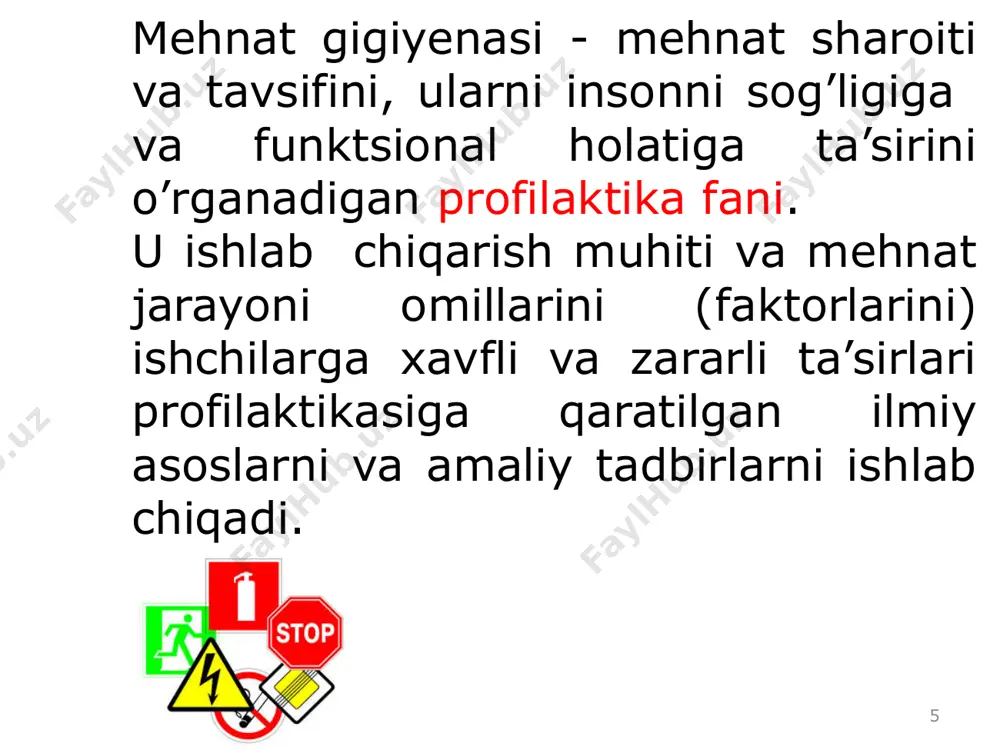 ni bartaraf etadigan va tez normaga soladigan mikroiqlim ko'rsatgichlarining yig'indisidir. bunda sog'liq uchun xatarli holatlar vujudga kelmaydi, biroq nom o'tadil issiqlik sezgilari, kayfiyatning yomonlashuvi va ish qobiliyatining pasayishi kuzatilishi mumkin. 11 оrgаnizmning issiqlik аlmаshinuv jаrаyonigа hаvо nаmligi judа kаttа tа’sir qilаdi. hаvо nаmligi uning suv bug’lаri bilаn to’yingаnlik dаrаjаsi bilаn hаrаktеrlаnаdi. mа’lum bir hаvо tеmpеrаturаsi hаvоning nаmlik dаrаjаsigа bоg’liq hоldа оrgаnizm tоmоnidаn turlichа sеzilish mumkin. 12 asos: санитарно-гигиенические нормы микроклимата производственных помещений санпин руз 0324-16 меҳнат шароити муқобил (комфорт) (1-синф) зарарли (3-синф) рухсат этилган (2-синф) 1-даражали (3.1) 2-даражали (3.2) 3-даражали (3.3) 4-даражали (3.4) хавфли (4-синф) гигиеник баҳолаш бўйича меҳнат шароити схемаси 14 корхонадаги меҳнат шароити бўйича иш жойлари ва уларни аттестациялаш натижаларининг ж а м л а н м а р ў й х а т и таркибий бўлин-малар меҳнат шароити бўйича аттеста-цияланган иш жойлари сони ушбу иш жойлари-даги ишчилар сони аттестация натижаларига кўра иш жойларидаги меҳнат шароитлари баҳоси муқобил …