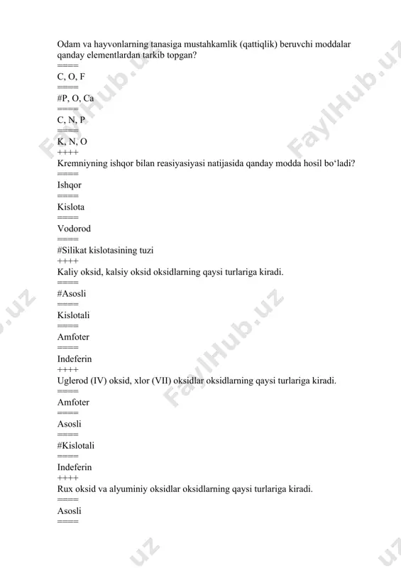 i hamma elektronlari ==== tashqi va tashqaridan oldingi energetik pog‘onadagi hamma elektronlari ++++ quyidagi birikmalarning qaysi birida donor-akseptor bog‘ mavjud? ==== #k3[fe(cn)6] ==== ch4 ==== co2 ==== cas ++++ nima uchun elementlar asosiy va qo‘shimcha guruhlarga bo‘lingan? ==== fizik xossalari turlicha ==== oksidlanish darajasi turlicha ==== elektron tuzilishi turlicha ==== #tashqi qavatida elektronlar soni turlicha ++++ quyidagi 1s2, 2s2 2p6, 3s2 3p6 elektron formulasiga ega bo‘lgan atom yoki ionni toping? ==== ar, cl- , s-4 ==== #ar, cl- , ca+2 ==== k +, na +, ca2+ ==== ar , k, cl− ++++ kaliy permanganatning kislotali, neytral va ishqoriy muhitlarda natriy sulfit bilan qaytarishda marganetsning qanday birikmalari hosil bo‘ladi? ==== marganets (ii) gidroksidi, kaliy manganat, marganets (iv) oksid ==== marganets (iv)oksid, (ii)sulfat, marganets (ii) gidroksid ==== #marganets (ii)sulfat, marganets (iv) oksid, kaliy,manganat ==== marganets (ii)sulfat, kaliy manganat, marganets (ii) gidroksid ++++ quydagi keltirilgan xususiyatlar qaysi turdagi kristall panjaraga xos? suyuqlanish harorati …