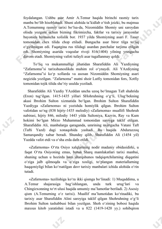 . zimin tomonidan nashrga tayyorlanadi va v.v. bartold tahriri va kirish so‘zi bilan 1915 yilda chop etildi. 1958 yilda yana bir rus olimi a.a. semyonov tomonidan fors tilidan rus tiliga o‘girilgan 2-nashri chiqdi. g‘iyosiddin ali yazdiyning asari a.temur shaxsini o‘ta madx etgani bois, a.temur yangi asar yozishni nizomiddin shomiyga topshirdi. shomiy saroy solnomachisi sifatida a.temurning harbiy yurishlarida ishtirok etgan. u o‘z asarini “zafarnoma” yoki “amir temur zafarnomasi” deb atadi. muallif asarni yaratishda a.temur tarixiga oid qator og‘zaki va yozma manbalardan, shu jumladan g‘iyosiddin alining asaridan ham foydalangan. ushbu asar amir a.temur haqida birinchi rasmiy tarix manba bo‘lib hisoblanadi. shuni alohida ta’kidlab o‘tish joizki, bu majmua a.temurnnng rasmiy tarixi bo‘lsa-da, nizomiddin shomiy uni saroydan olisda yozgani uchun bizning fikrimizcha, faktlar va tarixiy jarayonlar bayonida birmuncha xolislik bor. 1937 yilda shomiyning asari f. tauer tomonidan chex tilida chop etiladi. bungacha asar biror tilga to‘liq o‘girilmagan edi. faqatgina rus tilidagi asardan parchalar tarjima …