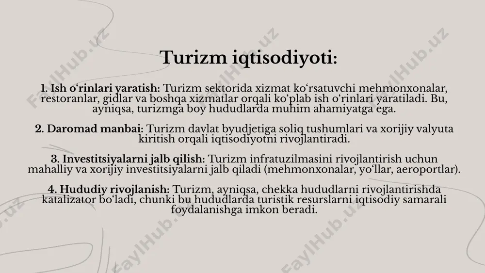 rkiya: mehmonxona va dam olish maskanlarining ko‘pligi tufayli har yili millionlab ish o‘rinlari yaratiladi. turizm sektori mamlakatning umumiy ishchi kuchining muhim qismi. o‘zbekiston: samarqand, buxoro, xiva kabi tarixiy shaharlarda mehmonxona, gidlik va hunarmandchilik sohalarida ko‘plab yangi ish o‘rinlari yaratilmoqda. maldiv orollari: turizm infratuzilmasi mahalliy aholining asosiy ish beruvchisi hisoblanadi. turizm iqtisodiyotida daromad manbalari – turizm sohasida iqtisodiy foyda keltiruvchi asosiy omillarni anglatadi. turizm mamlakatga to‘g‘ridan-to‘g‘ri xorijiy valyuta kiritadi, mahalliy iqtisodiyotda pul aylanishini tezlashtiradi va davlat byudjetiga sezilarli tushumlar keltiradi. quyida turizm iqtisodiyotidagi daromad manbalarining asosiy turlari keltirilgan: 1. mehmonxona va turar-joy xizmatlari: xorijiy va mahalliy turistlardan olingan to‘lovlar: mehmonxonalar, dam olish maskanlari va uy-joy ijarasi daromadning asosiy qismini tashkil qiladi. qo‘shimcha xizmatlar: spa, basseynlar, sport zallari va boshqa qulayliklardan foydalanganlik uchun qo‘shimcha to‘lovlar olinadi. mavsumiy narxlar: turistik mavsumda mehmonxona narxlarining oshishi daromadni sezilarli darajada ko‘paytiradi. 2. oziq-ovqat va ichimlik sektori: restoran va kafelar: turistlar milliy taomlarni tatib ko‘rish uchun ovqatlanish …