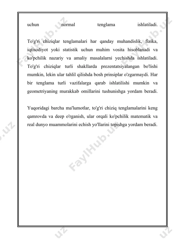 abstsissa kesmasi. agar \( y \)-o‘qi bilan kesish nuqtasini (ordinata kesimi) aniqlamoqchi bo‘lsak, \( x = 0 \) deb qoʻyamiz. bu bo‘lsa aynan berilgan tenglamaning \( b \) koeffitsientidir, ya’ni: \[ y = b \] bu ordinata kesimi. toʻgʻri chiziqlarni boshqa shakldagi tenglama yordamida ham ifodalash mumkin. masalan, umuman ko'rinishdagi tenglama: \[ ax + by + c = 0 \] bu tenglamada: - \( a\), \( b\), \( c\) - sonlar. bu tenglama umuman toʻgʻri chiziqning ekslilik tenglamasi deb ataladi. agar \( b \neq 0 \) bo'lsa, buni \( y \)-ni ifodalash ko'rinishiga keltirish mumkin: \[ y = -\frac{a}{b}x - \frac{c}{b} \] shundan, \( m = -\frac{a}{b} \) va \( b = -\frac{c}{b} \) bo'ladi. to'g'ri chiziqning tenglamasi yordamida algebraik muammolarni yechish osonlashadi va grafikani hosil qilish mumkin bo'ladi, bu esa uni tushunishni osonlashtiradi. matematikada to'g'ri chiziqlarni ifodalash tushunchasi juda keng muammolarni va ularni o'rganishni o'z ichiga oladi. 4. kesishish …