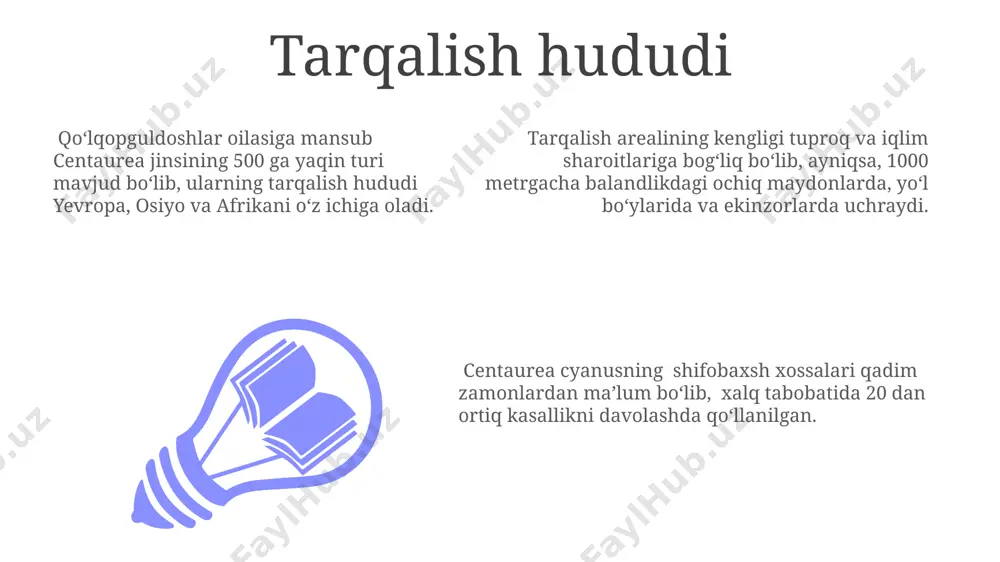 rning 10 dan ortiq turdagi saraton hujayralariga ta'sirini in vitro va in vivo sharoitlarda o'rganish kerak. centaurea cyanus'ning ekologik sharoitlarga moslashuvchanligini va 5 yillik davr mobaynida populyatsiyasi o'zgarishini kuzatish orqali, muhofaza choralarini ishlab chiqish mumkin. kimyoviy tarkibi makkajo'xori gullari tarkibida 0,1-0,3% gacha antosiyaninlar, jumladan, tsianidin-3-glikozidi va peonidin-3-glikozidi mavjud bo'lib, ularning antioksidant va yallig'lanishga qarshi xususiyatlari aniqlangan. gulining tarkibida 5-10% gacha flavonoidlar, jumladan, apigenin, luteolin va kversetin kabi bioflavonoidlar mavjud bo'lib, ular kuchli antioksidant ta'sirga ega. urug'larida 20-30% gacha yog'li yog'lar, shuningdek, oqsillar va to'yinmagan yog' kislotalari, masalan, linoleik va oleik kislotalar mavjud. e'tiboringiz uchun rahmat @taqdimot_robot image1.jpeg image2.jpeg image3.jpeg