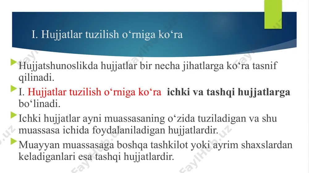 igan hujjatlarning sanasi va shartli raqamiga havola. 12. tuzilgan yoki nashr qilingan joyi. 13. hujjatni oluvchi (adresat). 14. tasdiqlash ustxati. 15. munosabat belgasi (rezolyutsiya). 16. hujjat turining nomi. 17. nazorat haqida kayd. 18. matn. 19. ilova mavjudligi haqidagi qayd.o. 21. kelishuv ustxati. 22. rozilik belgasi (viza). 23. muhr. 24. nusxaning tasdiqlanishi haqidaga qayd. 25. ijrochining familiyasi va telefon raqami. 26. hujjatning bajarilgani va uning hujjatlar yig‘ma jildiga yo‘naltirilganligi haqidagi qayd. 27. axborot mashinaga ko‘chirilganligi haqidagi qayd. 28. hujjat kelib tushganligi haqidagi qayd. rasmiy uslub hozirgi o‘zbek tilining davlat-ma’muriy, huquqiy muassasalarida, rasmiy diplomatik munosabatlarida namoyon bo‘ladigan ko‘rinishidir. qonun matnlari, farmonlar, farmoyishlar, buyruqlar, xullas barcha rasmiy ish qog‘ozlari ana shu uslubda shakllanadi. bu uslubning og‘zaki va yozma ko‘rinishlari, binobarin, ushbu ko‘rinishlarning o‘z me’yorlari mavjud. image1.jpeg /docprops/thumbnail.jpeg