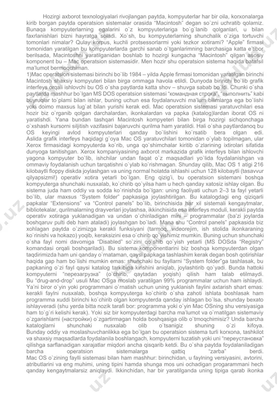 ni litsenziyasini so’rab qolishlari mumkin. — linuks xakerlar hujumiga windowsga qaraganda kamroq duchor bo’ladi. chunki, linuks-dasturlovchilar kam. shu sababli ham server kompyuterlarda ko’pincha linuks o’rnatilgan bo’ladi. — windows xakerlar hujumiga ko’p uchragani uchun uning himoyasi mustahkam. — windowsning sezilarli darajadagi ustunligi – hozirgi chiqayotgan 97% o’yinlar directx ga moslab chiqariladi. directx – bu windows, degani. linuks grafik rejimi — opengl. openglda chiqarilgan eng mashhur o’yin — counter strike. o’yinning cs:source’ga qadar versiyasi opengl’da chiqarilgan. u yog’iga directxga o’tildi. shuning uchun ham “windowsda ishlayapsizmi? demak, geymersiz” iborasi qo’llaniladi. bugun va ertaga: bizni nima kutmoqda? hozirgi paytdagi holatni tahlil qiladigan bo’lsak, linuksning o’z operatsion tizimlarini tarqatishi uchun qulay vaqt ekanligiga amin bo’lamiz. ikki yarim yil avvaldan e’lon qilingan windows vista chiqarilgach foydalanuvchilarga ma’qul keldi deyish qiyin. vistaga dastlabki bir yil ichida tushgan e’tirozlar xpning ilk bir yilligidagiga qaraganda ko’proq. hatto, operatsion tizim 2007-yilning eng omadsiz mahsulotlari kuchli o’ntaligiga kiritilgan. foydalanuvchilar “eski hammom” …