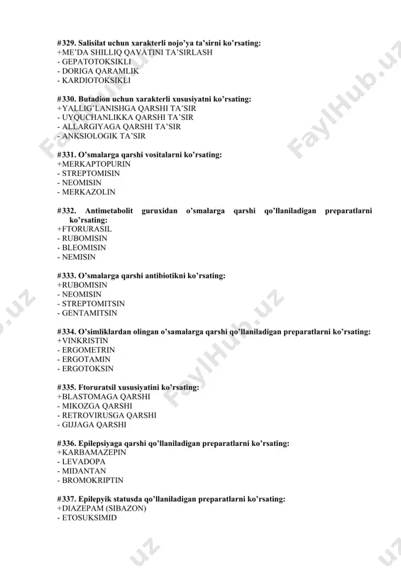 y xolinomimetik tasir - periferik xolinomimetik tasir - dofamin manbai # 347. antipsixotik(neyroleptik) preparatni ko’rsating: + aminazin - diazepam - amizil - amitriptilin # 348. fenotiazin unumi bo’lgan-tipik antipsixotik(neroleptik)moddani ko'rsating : + triftazin - sulpirid - klozapin - diazepam # 349. tioksanten unumi bo’lgan-tipik antipsixotik(neroleptik)moddani ko'rsating : + xlorprotiksen - aminazin - galoperidol - klozapin # 350. butirofenon unumi bo’lgan-tipik antipsixotik(neroleptik)moddani ko'rsating: + galoperidol - sulpirid - klozapin - aminazin # 351. atipik antipsixotik (neyroleptik) vositani ko’rsating: + sulpirid - aminazin - triftazin - xlorprotiksen # 352. antipsixotik vositalar(neyroleptikov)ni tasir mexanizmi komponentini ko’rsating : + dofamin retseptorlarini susaytiradi - dofamin retseptorlarini stimulyatsiyasi - nerv impulse o’tishini stimulyatsiyasi - bosh miya po’stlog’ini stimulyatsiyasi # 353. aminazinga xos xysusiyatni ko’rsating: + antipsixotik va sedativ - qustiruvchi - gipertenziv - gipertermik # 354. fenotiazin xosilalarining nojo’ya ta’sirini ko’rsating + ekstrapiramidal buzilishlar - gipertoniya - lekotsitoz - ko’p terlash # 355.antipesixotik vositalar (neyroliptiklar) ni …
