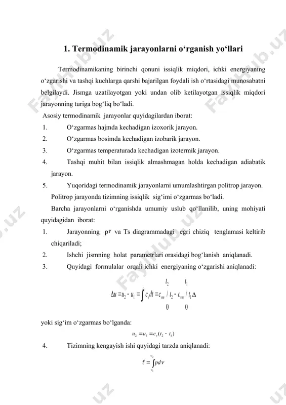 c h h p - = - сиыилиш кенгайиш ideal gazlarning termodinamik jarayonlari reja: 1. termodinamik jarayonlarni o‘rganish yo‘llari 2. izoxorik jarayon 3. izobarik jarayon izotermik jarayon 6. politrop jarayon 1. termodinamik jarayonlarni o‘rganish yo‘llari termodinamikaning birinchi qonuni issiqlik miqdori, ichki energiyaning o‘zgarishi va tashqi kuchlarga qarshi bajarilgan foydali ish o‘rtasidagi munosabatni belgilaydi. jismga uzatilayotgan yoki undan olib ketilayotgan issiqlik miqdori jarayonning turiga bog‘liq bo‘ladi. asosiy termodinamik jarayonlar quyidagilardan iborat: 1. o‘zgarmas hajmda kechadigan izoxorik jarayon. 2. o‘zgarmas bosimda kechadigan izobarik jarayon. 3. o‘zgarmas temperaturada kechadigan izotermik jarayon. 4. tashqi muhit bilan issiqlik almashmagan holda kechadigan adiabatik jarayon. 5. yuqoridagi termodinamik jarayonlarni umumlashtirgan politrop jarayon. politrop jarayonda tizimning issiqlik sig‘imi o‘zgarmas bo‘ladi. barcha jarayonlarni o‘rganishda umumiy uslub qo‘llanilib, uning mohiyati quyidagidan iborat: 1. jarayonning p va ts diagrammadagi egri chiziq tenglamasi keltirib chiqariladi; 2. ishchi jismning holat parametrlari orasidagi bog‘lanish aniqlanadi. 3. quyidagi formulalar orqali ichki energiyaning o‘zgarishi aniqlanadi: ( …