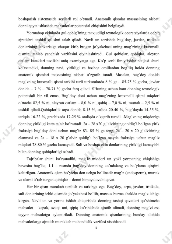 ar bundan mustasno) donining tuzilishi taxminan bir xil bo‘lib, qobiqlar (mevali va urug‘li), aleyron qatlam, unli yadro (endosperma) va murtak (zarodish) dan iborat. suli, arpa, javdar bug‘doy, tariq va sholi donining sirti, mevali va urug‘lik qobig‘idan tashqari, po‘st (rangli — gul qobiq) bilan qoplangan. to‘yimlilik qimmati jihatidan donning qismlari bir xil emas. qobiq, asosan, kletchatkadan iborat bo‘lib, organizmda yaxshi hazm bo‘lmaydi. aleyron qatlam oqsilga boy bo‘lsa-da, serkletchatkadir. donning eng qimmatli qismi un yadrosi bo‘lib, unda oqsil va kraxmal ko‘p. murtakda oqsil, mineral moddalar, vitaminlar va hiyla ko‘p yog‘ bo‘ladi, yog‘ asa havodagi kislorod ta’sirida achiydi. dondan yorma tayyorlashda po‘st,qobiq va murtak qisman yoki butunlay chiqarib tashlanib, hiyla qimmatli qismlari qoldiriladi, unga zarur forma, o‘lcham va tashqi sayqal beriladi. yorma butun, ezilgan, boshoqli ekinlar, javdar bug‘doy yadrosi va dukkakli — ekinlar doni yirik yoki mayda tuyilgan holda chiqariladi. yorma tur va xillarga, ulardan ayrimlari esa marka, nav va raqamlarga bo‘linadi. yormaning …