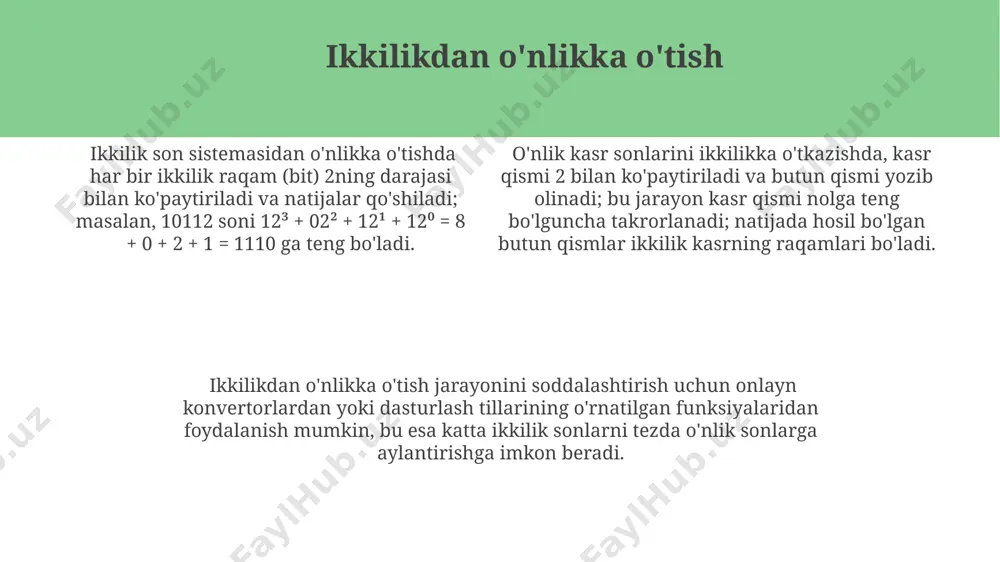 a o'nlik raqam guruhi sakkizlikdagi bitta raqam bilan ifodalanishi mumkin. bu katta sonlar bilan ishlashni soddalashtiradi. o'n oltilik (hexadecimal) sistemada 0 dan 9 gacha raqamlar va a (10), b (11), c (12), d (13), e (14), f (15) harflari qo'llaniladi o'nlikdan o'n oltilikka o'tish o'nlikdan o'n oltilikka o'tishda, har bir o'nlik raqamni to'rtta bitlik (4 bit) ikkilik raqamga aylantirish orqali ham osonlik bilan amalga oshirish mumkin. masalan, 10 o'nlik soni 1010 ikkilik, keyin esa a o'n oltilikka aylanadi. bu usul kompyuter fanida keng qo'llaniladi. o'n oltilik son sistemasi o'nlikka nisbatan har bir raqam ikki marta ko'p ma'lumot saqlaydi, chunki u 16 ta simvoldan foydalanadi (0-9 va a-f). shuning uchun, katta hajmdagi ma'lumotlarni qisqaroq ko'rinishda ifodalash uchun o'n oltilik tizim qulayroq hisoblanadi o'nlik son sistemasidan o'n oltilikka o'tishda har bir o'nlik sonni 16 ga bo'lish orqali qoldiqlarni aniqlash va bu qoldiqlarni 0 dan 15 gacha bo'lgan o'n oltilik raqamlarga (0-9 va …