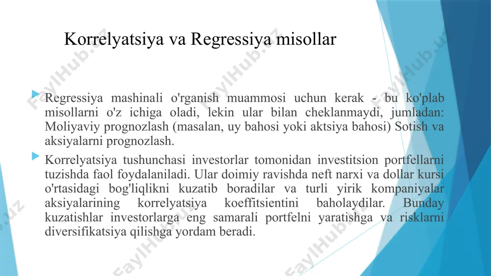olatga ega nominal atribut (0 va 1). simmetrik ikkilik-ikkala natija ham bir xil darajada muhim (masalan, jins). asimmetrik ikkilik-natijalar bir xil darajada muhim emas. (masalan, ijobiy yoki salbiy tibbiy test). misol: datasetdagi atributlardan foydalanib, maʼlumotlarni vizuallashtirish, jadval koʻrinishga keltirish, bir biriga bog‘liq maʼlumotlar grafigini chizish va statistik tahlil oʻtqazish jarayonini amalga oshiramiz. buning uchun kaggle.com saytidan avtomabillar datasetini(cars.csv) yuklab olamiz. maʼlumotlar toʻplami avtomabillar yurgan yoʻlining statistik maʼlumotlarining diagrammasi maʼlumotlarni tayyorlash (data preparation) maʼlumotlarni tayyorlash (data preparation) yoki maʼlumotlarni oldindan qayta ishlash, maʼlumotlarni tahlil qilish va modellash uchun moslashtirish jarayonidir. maʼlumotlarni tayyorlash muhim bosqich boʻlib, u maʼlumotlar toʻplamini toza, barqaror va ishonchli qilishga yordam beradi. maʼlumotlarni tayyorlash (data preparation) maʼlumotlarni tayyorlash turlari: birlashtirish maʼlumotlarni qisqartirish (oʻquv tanlanma) oʻlchamlarni qisqartirish xususiyatlar toʻplamini tanlash xususiyatlar yaratish diskretlashtirish va binarizatsiya atributlarni oʻzgartirish maʼlumotlarni tayyorlash (data preparation) birlashtirish. ikki yoki undan ortiq atributlarni (yoki obyektlarni) bitta atributga (yoki obyektga) birlashtirish. maʼlumotlarni tayyorlash (data preparation) maʼlumotlarni …