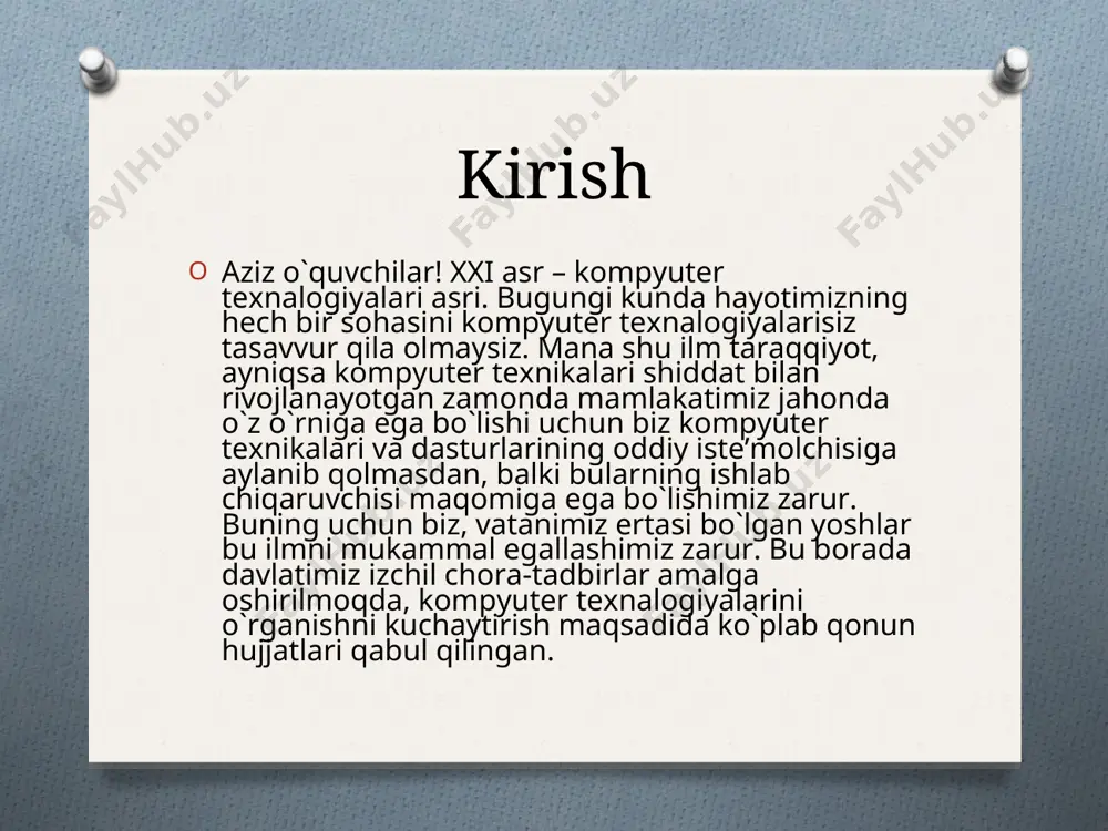 char char harflar birikmasi inglizcha character so`zining qisqartmasi bo`lib, o`zbek tiliga belgi deb tarjima qilinadi. demak char – bitta belgi ekan. pascal dasturlash tilida 256 ta butun sonlar orqali kodlangan belgilar mavjud. string string so`zi o`zbek tiliga arqon, tor, munchoq tarzida tarjima qilinadi. demak string – belgi (char)lardan tuzilgan munchoq ekan. string tipidagi o`zgaruvchilar 0 dan 255 belgigacha borishi mumkin. funksiya funksiya – biror qiymatni hisoblash uchun berilgan buyruq. funksiyalar biror o`zgaruvchiga o`zlashtirilish tarzida beriladi. masalan y:=abs(x); a:=sqrt(b); nom:=concat(nom1,nom2) va hakozo. protsedura protcedura – dasturga biror o`zgartirish kiritish maqsadida berilgan buyruq. procedura biror funksiyaga o`zlashtirilmasdan, mustaqil holda beriladi. masalan: ins(x); dec(n); insert(s1,s,n) va boshqalar. concat concat funksiyasi inglizcha concatenation – ulanish so`zidan olingan bo`lib, satrlar ketma ketligining bir biriga belgilangan ketma ketligida ulanishini amalga oshiradi. masalan: jumla1:='baxt', jumla2:='bilim-' va jumla3:=' keltirar' satrli o`zgaruvchilari berilgan bo`lsa, gap:=concat(jumla2,jumla1,jumla3) funksiyasi bajarilgach gap o`zgaruvchisi 'bilim-baxt keltirar' ifodasiga teng bo`ladi. 1-topshiriq program ulanish; var ism, …