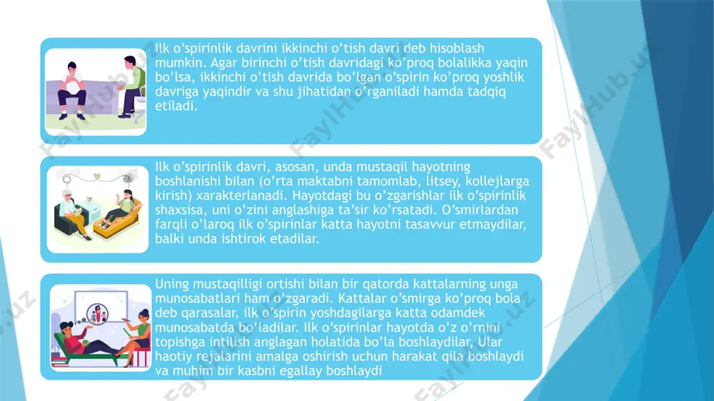 ida aqliy rivojlanish yuqori sinf o’quvchilarining bilish jarayonlari turli nuqtai nazarlarsh tahlil etishga va bu masala bo’yicha har tomonlama o’ylagan o’z fikrini berishga yordam bera oladi. bu yoshdagi o’spirinlar atrofdagi turli voqea-hodisalardagi haqiqatni bilishga intiladi. ularning tayyor yechimlar, ma’lumotlar emas, balki shu yechim va ma’lumotlarni o’zlari muloxaza yurgizib, qidirish jarayonining o’zi ko’proq qiziqtiradi. bu borada turli masalalar bo’yicha bahs va munozaralar yuritishga va ularning fikrlarini isbotlashga juda qiziqadilar. o’spirinlik davrida bilish jarayonlarining rivoji faol ravigada davom etadi, lekin, bu rivojlanish o’spirinning o’ziga va uning atrofidagi kuzatuvchilarga kam seziladi. bu davrga kelib, o’spirinlar to’la ravishda mantiqiy tafakkurga ega bo’ladilar, nazariy fikr yuritib, o’zlarini-o’zlari taxlil eta oladilar. ular endi bemalol axloqiy, siyosiy va boshqa mavzularda bahsdasha olib, o’z munosabatlarini bildira oladilar. o’spirinlik davrida bolalar juda ko’p ilmiy tushunchalarni o’zlashtarib, ulardan turli masala va muammolarni yengishda foydalana oladilar. bolalarda anglash va o’z-o’zini anglash sezilarli -. darajada o’sadi. o’spirinning o’z~o’zini anglashi o’quv, mehnat va …
