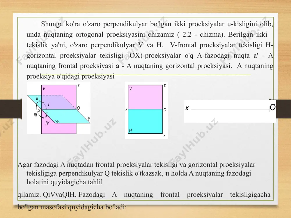 n berilgan nuqtaning qaysi oktantda joylashganligi aniqlansin a (70 -20 10) a. a nuqta fazoning ii okt joylashgan b. a nuqta fazoning i okt joylashgan c. a nuqta fazoning iii okt joylashgan d. a nuqta fazoning iv okt joylashgan 13. nuqtaning gorizontal proeksiya tekislikka yaqinligi qaysi koordinata orqali beriladi. a. [z ] b. [y ] c. [x] d. [x,z ] 14. c nuqta gorizantal tekislikka yaqin joylashadigan qiymatini belgilang a. c (70,20,5) b. c (70,2 0 , 20) c. c (60,5 ,40) d. c (5,6 0 ,50) 15. c nuqta [oy) tegishli bo’ladigan qiymatini belgilang a. c(0,40,0) b. c(50,0,25) c. c(50,0,10) d. c(50,0,25) nazorat savollari. 1. chorak nima? 2. oktanta nima? 3. nuqtaning proektsiyasi deb nimaga aytiladi? 4. proektsiyalovchi nur nima? 5. proektsiya tekisligi nima? 6. qanday chiziqlar proektsiyalar o`qi deb ataladi? 7. epyur nima va u qanday hosil bo`ladi? 8. nuqtani fazoning qaysi choragida joylashganini epyurda nimalarga asoslanib aytish …