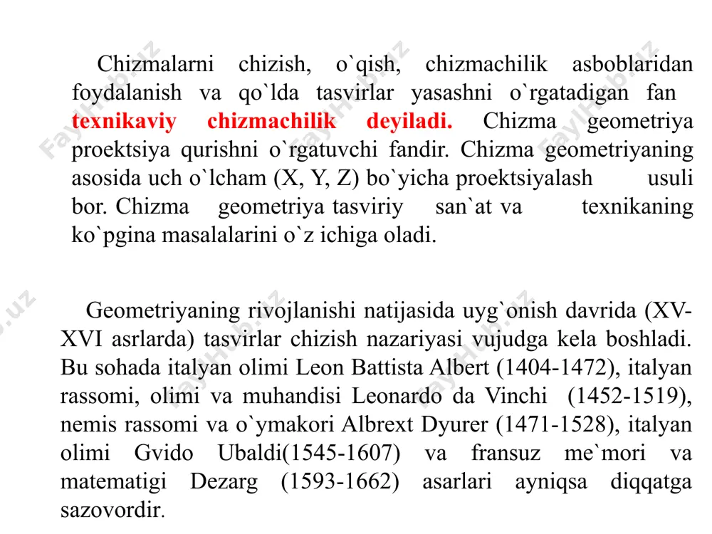 h yo`li bilan уechish usullarini o`rgatish. 4. talabaning fazoviy tasavvurini o`stirish. 4 proeksiyalash usullari proektsiyalar usulida tasvirlar yasash, chizma geometriyaning asosiy metodidir. fazodagi narsalarning ayrim nuqtalaridan o`tkazilgan proektsiyalovchi to`g`ri chiziqlar (nurlar) yordamida tekislikka tushirilgan tasviri fazodagi narsaning proektsiyasi deyiladi. chizma geometriyada ikki хil proektsiyalar metodi mavjud: а)markaziy proektsiyalar metodi; b) parallel proektsiyalar metodi. markaziy proektsiyalashning asosiy mohiyati shundan iboratki, bunda proektsiya markazi deb ataluvchi qo`zg`almas nuqta beriladi va hamma proektsiyalash nurlari shu qo`zg`almas nuqtadan o`tadi. markaziy proektsiyalar. fazoda qo`zgalmas s nuqta, р tekislik va a, в, с, f nuqtalar berilgan deb faraz qilaylik. s nuqtani а, в, с, f nuqtalar bilan tutashtirib, hosil bo`lgan chiziqlarni davom ettiramiz. bu chiziqlar р tekislikni а, ь, с, d nuqtalarda kesib o`tadi. ( 1.1-chizma) markaziy proektsiyalarga misol qilib, narsalarning fotosuratlarini va chiroqdan tekislikka (polga yoki devorga) tushgan soyalarni ko`rsatish mumkin. parallel proektsiyalar. agar proektsiyalar markazi s berilgan yo`nalish bo`yicha cheksiz uzoqda deb faraz qilsak, …