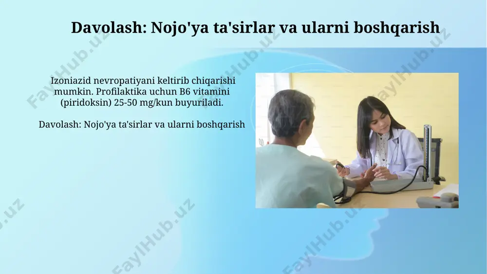 ko'rinish: o'pka tuberkulyozi ko'pincha bemorlarda 3 haftadan ortiq davom etadigan yo'tal kuzatiladi, ba'zan balg'am ajralishi bilan kechadi. taxminan 25% holatlarda qon tupurish (gemoptiziya) kuzatilishi mumkin. kechki terlash, isitma (odatda 37.5-38.3°c), ishtaha yo'qolishi va vaznning kamayishi kabi umumiy simptomlar o'pka tuberkulyozida 80% dan ortiq bemorlarda aniqlanadi. e'tiboringiz uchun rahmat @taqdimot_robot image2.jpg image3.jpg image4.jpg image5.jpg image6.jpg image7.jpg image8.jpg image9.jpg image10.jpg image11.jpg image12.jpg image13.jpg image1.png