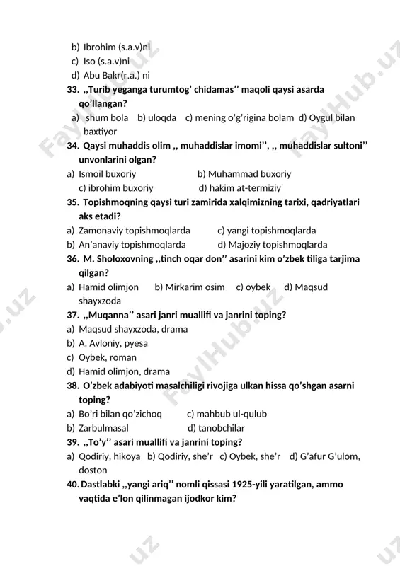 g? a) qodiriy, hikoya b) avloniy, she’r c) oybek, she’r d) g’.g’ulom, qissa 50. ,,baxtsiz kuyov’’ asari muallifi va janrini toping? b) qodiriy, hikoya b) qodiriy, she’r c) qodiriy, poema d) g’.g’ulom, qissa 51. mirkarim osimning tarixga oid dastlabki yirik asari? a) ,,zulmat ichra nur’’ c) ,,badarg’a’’ b) ,,astrobod’’ d) ,, karvon yo’llarida’’ 52. ,, iskandar va spitamen’’ asari muallifini toping? a) hamid olimjon c) mirkarim osim b) maqsud shayxzoda d) oybek 53. ,,asli forscha so’z bo’lib, topishmoq, jumboq ma’nolarini anglatuvchi janr qaysi? a) qissa b) chiston c) masal d) ertak 54. mirkarim osimning o’tgan asrning 60-yillarida, navoiy tavalludining 525 yilligi arafasida yaratilgan asari qaysi? a) ,,zulmat ichra nur’’ c) ,,badarg’a’’ c) ,,astrobod’’ d) ,, karvon yo’llarida’’ 55. xvii asrda fransiyada lafonten qaysi janrda ijod qilgan? a) qissa b) topishmoq c) masal d) ertak 56. qaysi atama respublikamizning turli hududlarida cho’pchak, varsaki, ushuk deya nomlanadi? a) qissa b) topishmoq c) …