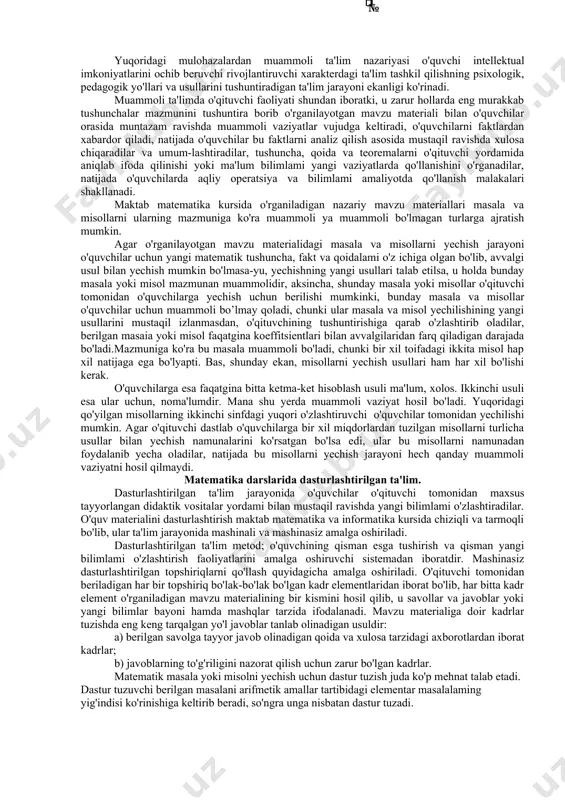 r: masalada har qaysi velosipedchining tezligini topish so'ralmoqda. o'qituvchi: biz tezliklarni topish uchun qanday formulalardan foydalanamiz? o'quvchilar: bizga fizika kursidan ma'lum bo'lgan s=vt, formulalardan foydalanamiz. o'qituvchi: masalani shartiga ko'ra nimani x bilan belgilaymiz?` o'quvchilar:. x km/soatni a punktdan в puntkga borayotgan velosipedchining tezligi deb olamiz. o'qituvchi: agar biz birinchi velosipedchini tezligini x desak, ikkinchi velosipedchini tezligini ana shu noma'lum orqali ifodalay olasizmi? o'quvchilar:. ha, (x-2) km/soat ikkinchi velosipedchining tezligi bo'ladi. o'qituvchi:a punktdan в punktgacha masofani birinchi ikkinchi velosipedchilar qancha vaqtda bosib o'tgan? o’quvchilar: soatda, va soatda. o'qituvchi: bu velosipedchilarning 60 km.li masofani o'tishlari uchun ketgan vaqtlarni qanday tenglash mumkin? o'quvchilar: tenglama orqali. o'qituvchi: bu tenglamani qanday yechamiz? o'quvchilar: tenglama yechishning umumiy qoidasiga ko'ra: matematika darslarida muammoli ta'lim. ta'lim metodlarining turini aniqlash o'quv jarayonini tashkil qilish prinsiplarini o'zigagina emas, balki aqliy faoliyat xarakteriga ham bog'liqdir, b u esa o'z navbatida fikrlashning reproduktiv va produktiv turlarini o'zaro qo'shib olib borish bilan belgilanadi. …