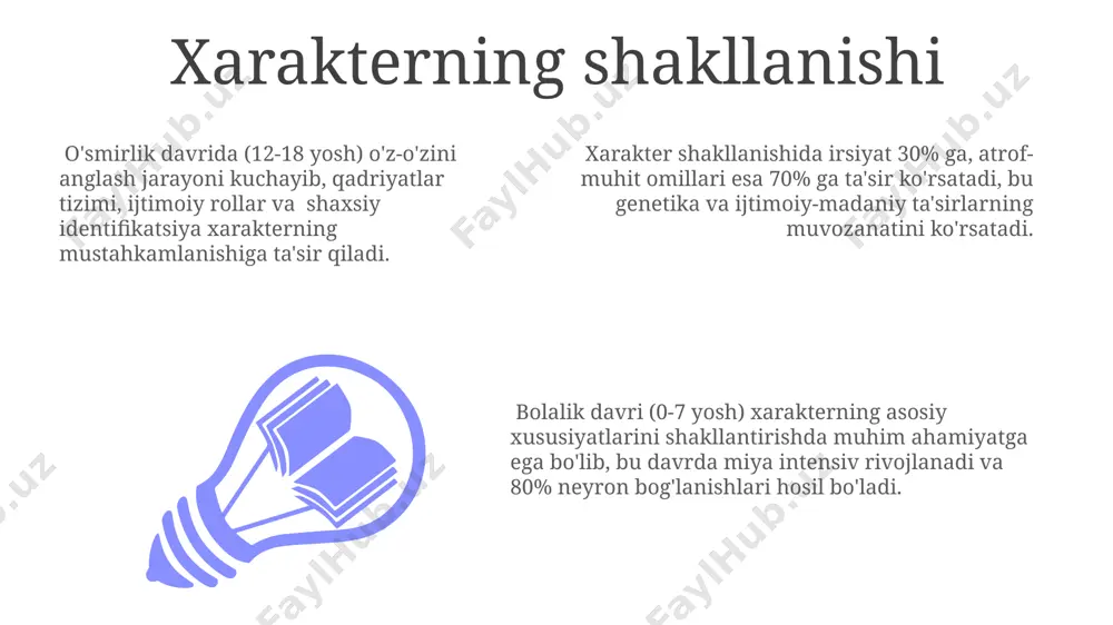 asosiy ijtimoiy rol: oila a'zosi, do'st va hamkasb. introvert va ekstravert xarakterli shaxslarning ijtimoiylashuv strategiyalari sezilarli darajada farq qiladi. introvertlar 1:1 munosabatlarni afzal ko'rsa, ekstravertlar katta guruhlarda bo'lishni yaxshi ko'rishadi. xarakterning shakllanishiga 5 yoshgacha bo'lgan davrda ota-onalar va yaqin atrofdagilarning ta'siri 70% ga etadi, ijtimoiylashuv jarayonida esa bu ta'sir 30% ga kamayadi. xarakterning o'zgarishi psixoterapiya, o'z-o'zini rivojlantirish texnikalari va hayotdagi muhim voqealar kabi omillar xarakterning o'zgarishiga 70% gacha ta'sir ko'rsatishi mumkin. xarakterning o'zgarishi 30 yoshdan keyin sekinlashadi, ammo 50% gacha bo'lgan odamlarda hayotning keyingi bosqichlarida sezilarli o'zgarishlar kuzatiladi, bu genetika va atrof-muhit omillariga bog'liq. xarakterning shakllanishi va o'zgarishi miyaning prefrontal korteksining faoliyati bilan chambarchas bog'liq bo'lib, bu sohada 25 yoshgacha rivojlanish jarayoni davom etadi. xarakterning turlari o'rtacha odamda 5-7 ta asosiy xarakter xususiyati mavjud bo'lib, ularning ba'zilari dominant, ba'zilari esa qo'shimcha xususiyatlar sifatida namoyon bo'ladi. xarakterning 4 asosiy turi – sangvinik, xolerik, flegmatik va melanxolik – temperamentga asoslangan bo'lib, har …