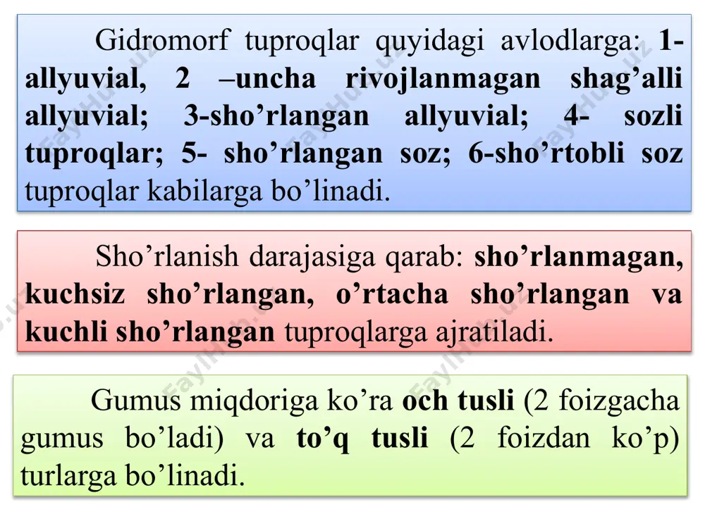 uning tarkibida kalsiy va magniy ko’p. botqoq-o’tloq tuproqlar sizot suvlari yer betiga yaqin joylashgan (0,7-1,2 m) sohil usti terrasalarining pastlik joylarida tarqalgan. tabiiy o’simliklar bu yerda o’tloq tuproqlarga nisbatan yaxshi rivojlanadi. doim sernam bo’lganidan allyuvial botqoq-o’tloq tuproqlarda o’simlik qoldiqlari ko’pincha anaerob sharoitda parchalanadi va natijada gumus ko’proq to’planadi. botqoq-o’tloq tuproqlar chimli qatlamda gumus miqdori 5-7 foizgacha bo’lib, pastda keskin kamayadi (0,5-0,6 foiz). shunga ko’ra yalpi azot 0,15-0,45 foiz, yalpi fosfor 0,154-0,170 foizni tashkil etadi. allyuvial botqoq tuproqlar o’rta osiyo sharoitida botqoq tuproqlar serkarbonat bo’lib, tuproqning pastki gorizontida ohak birikmalari ko’p (mergellashgan). zax qochirish tadbirlari o’tkazilib, so’ngra dehqonchilikda foydalanish mumkin. bu yerlar ko’pincha sholichilik uchun ajratiladi. o’tloq soz tuproqlar. o’tloq soz tuproqlar bo’z tuproqlar zonasida ko’proq tarqalgan bo’lib, o’zining hosil bo’lish sharoitlari va xossalari bilan allyuvial o’tloq tuproqlardan ancha farq qiladi. bu tuproqlar farg’ona, zarafshon vodiylarida tarqalgan. sizot suvlari 1-3 m chuqurlikda bo’lganda, tuproq kapillyarlar orqali namlanib turadi. natijada avtomorf (bo’z) …